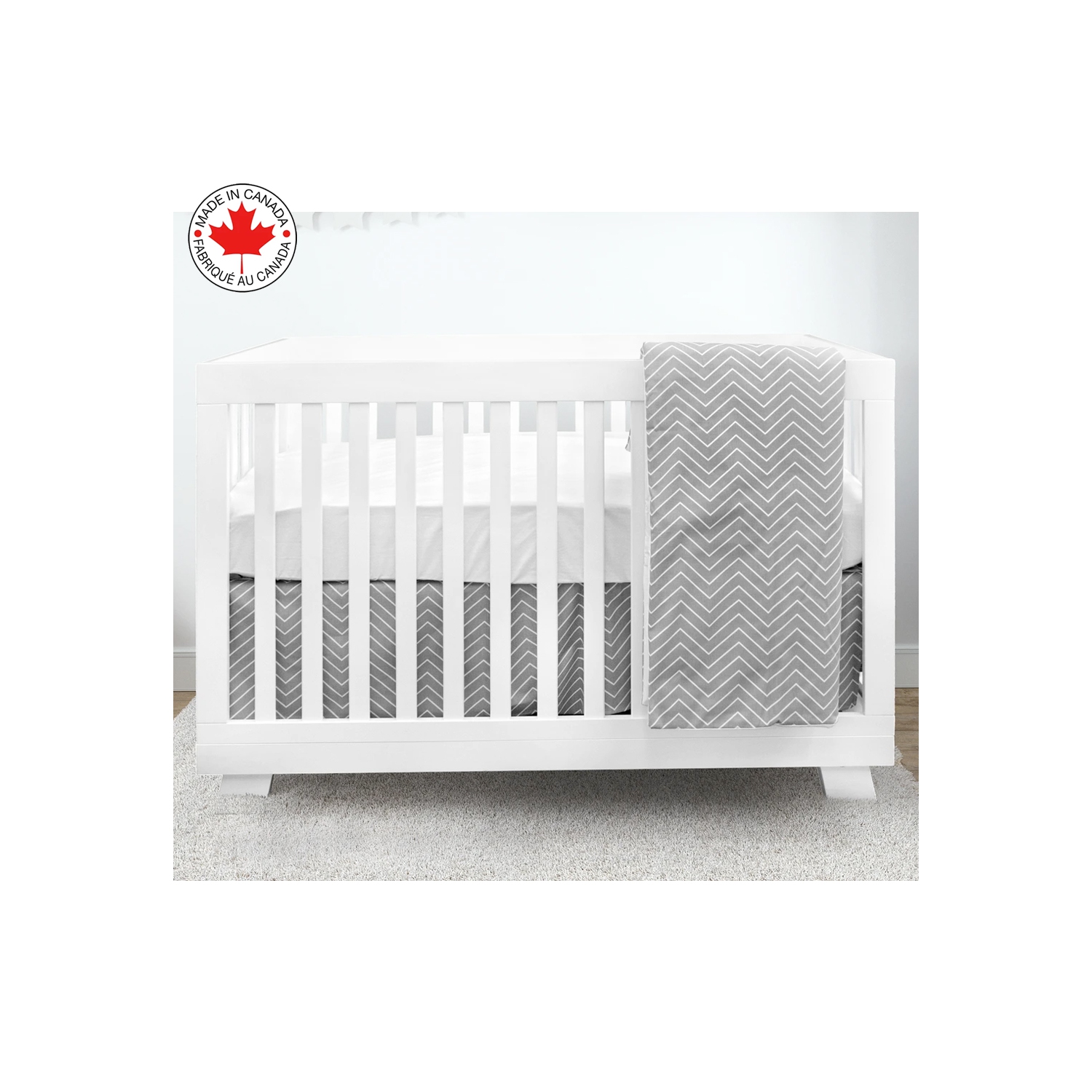 Bebelelo baby crib bedding 4 piece set, perfect for baby girls and boys, gray and white zigzag design