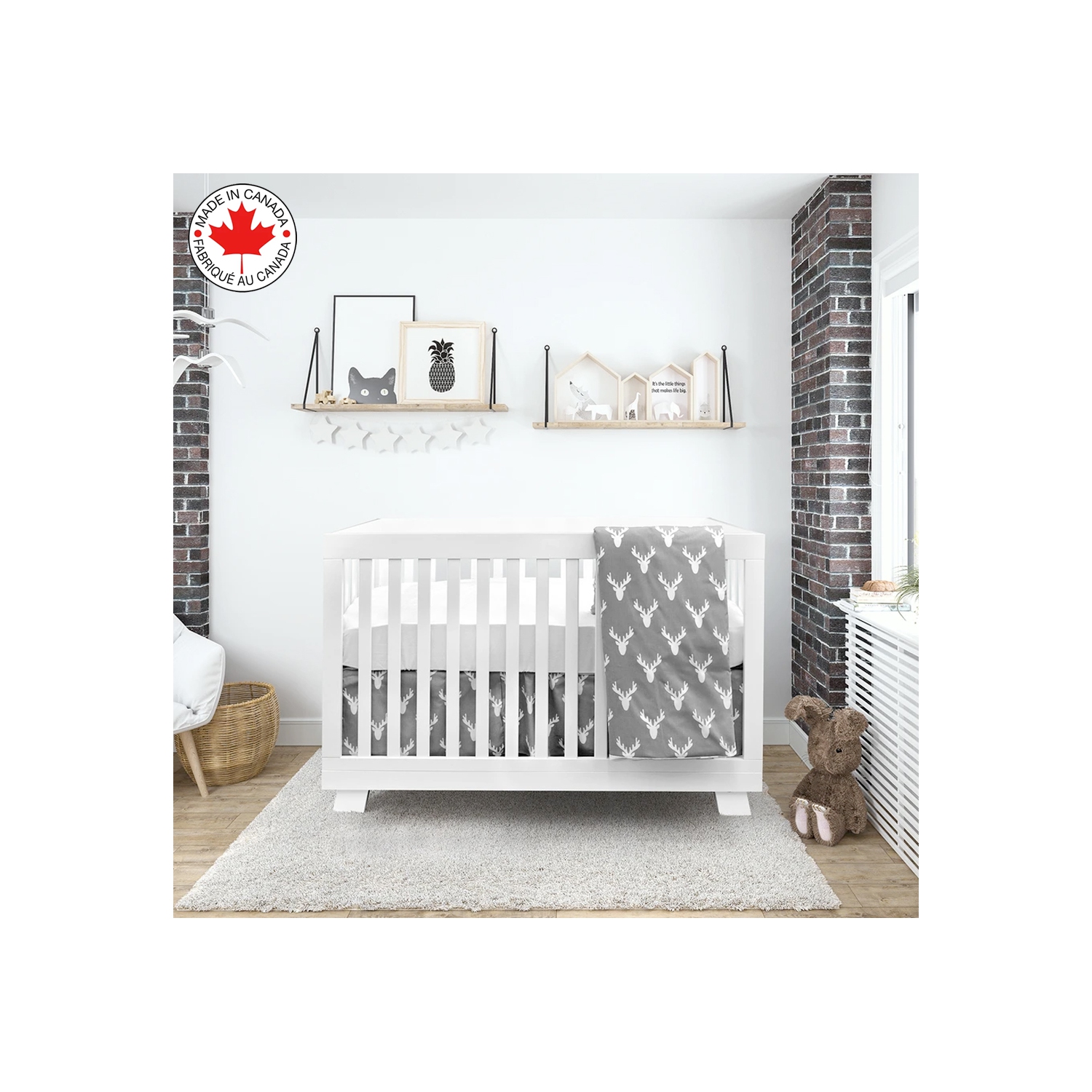 Bebelelo- literie pour bébé gris et blanc avec un motif d'orignal, parfaite pour les filles et les garçons