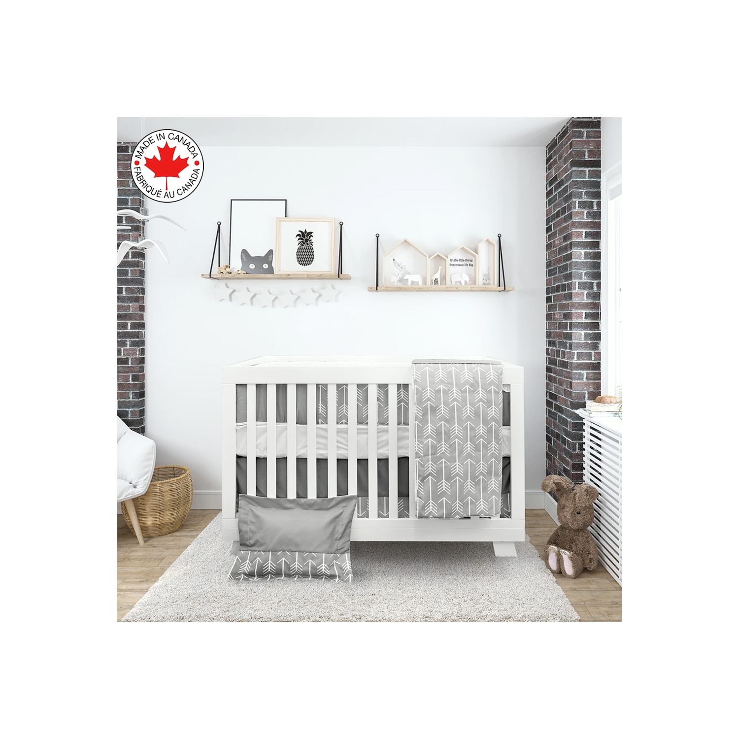Bebelelo- Literie 7 morceaux pour bébé gris et blanc avec un motif de flèches