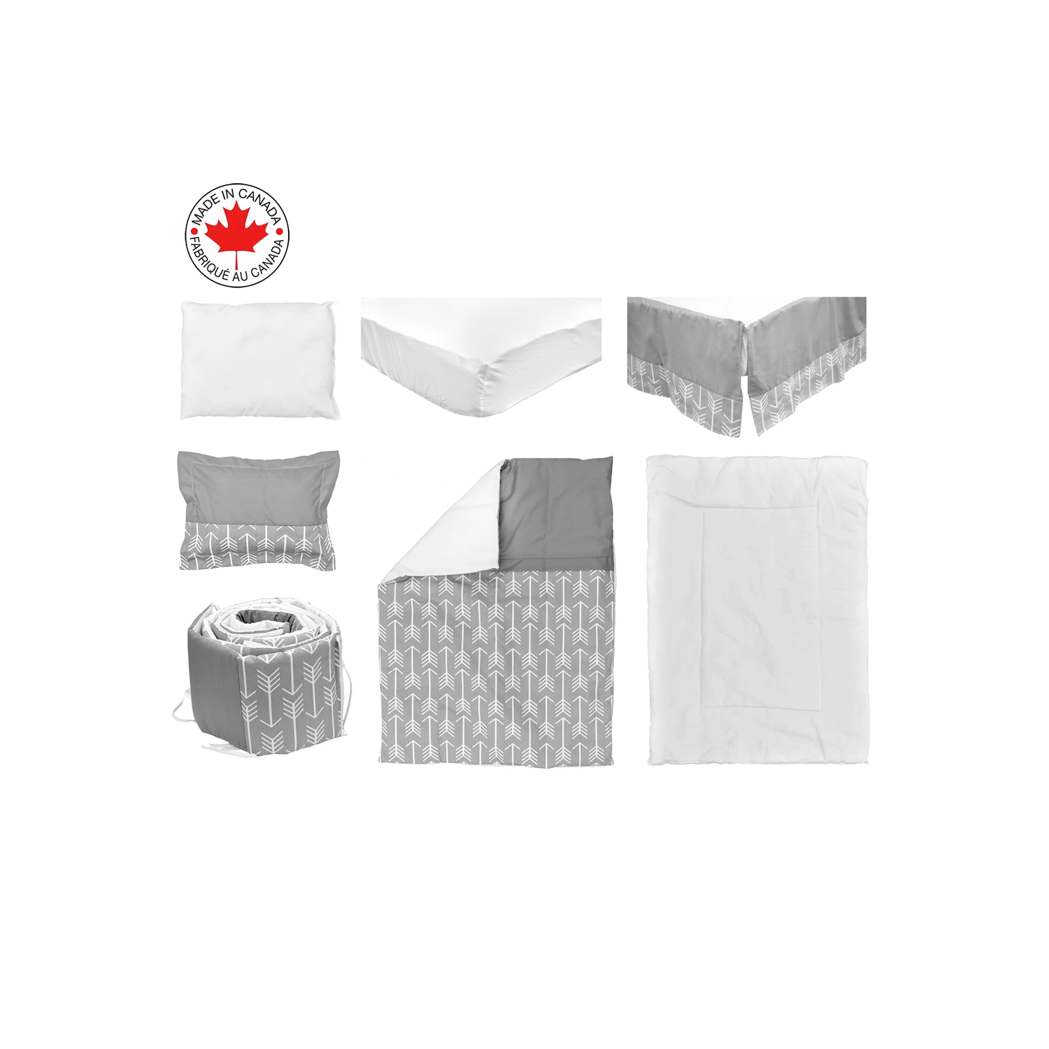 Bebelelo- Literie 7 morceaux pour bébé gris et blanc avec un motif de flèches