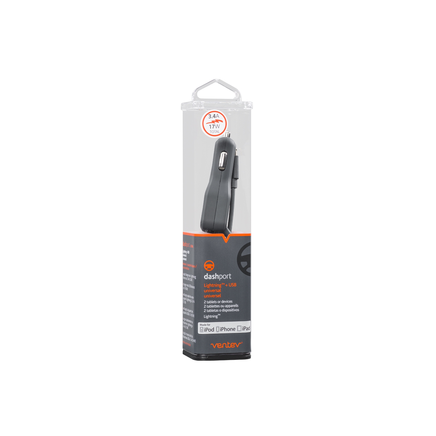 Ventev Car Charger USB-C 3A Capture Cord + USB-A 1A Port