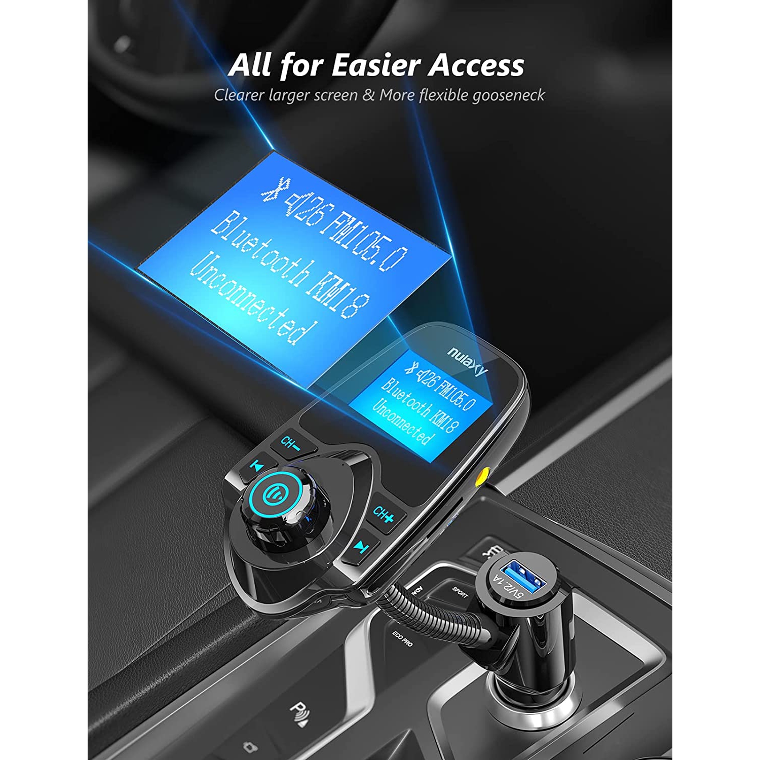 Wireless in-Car Bluetooth FM Transmitter Radio Adapter Car Kit W 1.44 Inch Display Supports TF/SD Card and USB Car Charger for All Smartphones Audio