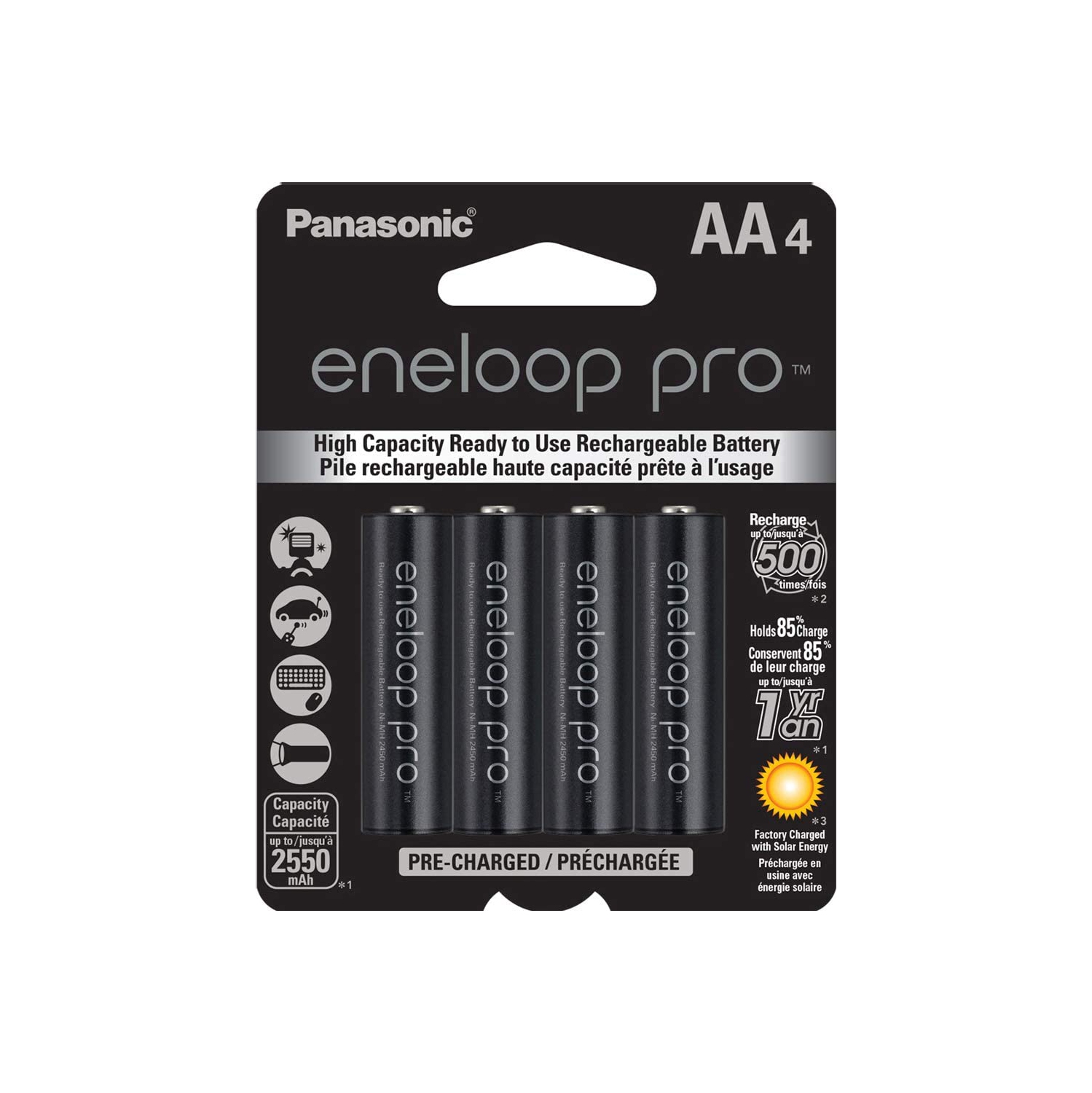 Panasonic BK-3HCCA4BA eneloop pro AA High Capacity Ni-MH Pre-Charged Rechargeable Batteries, 4 Pack, Black