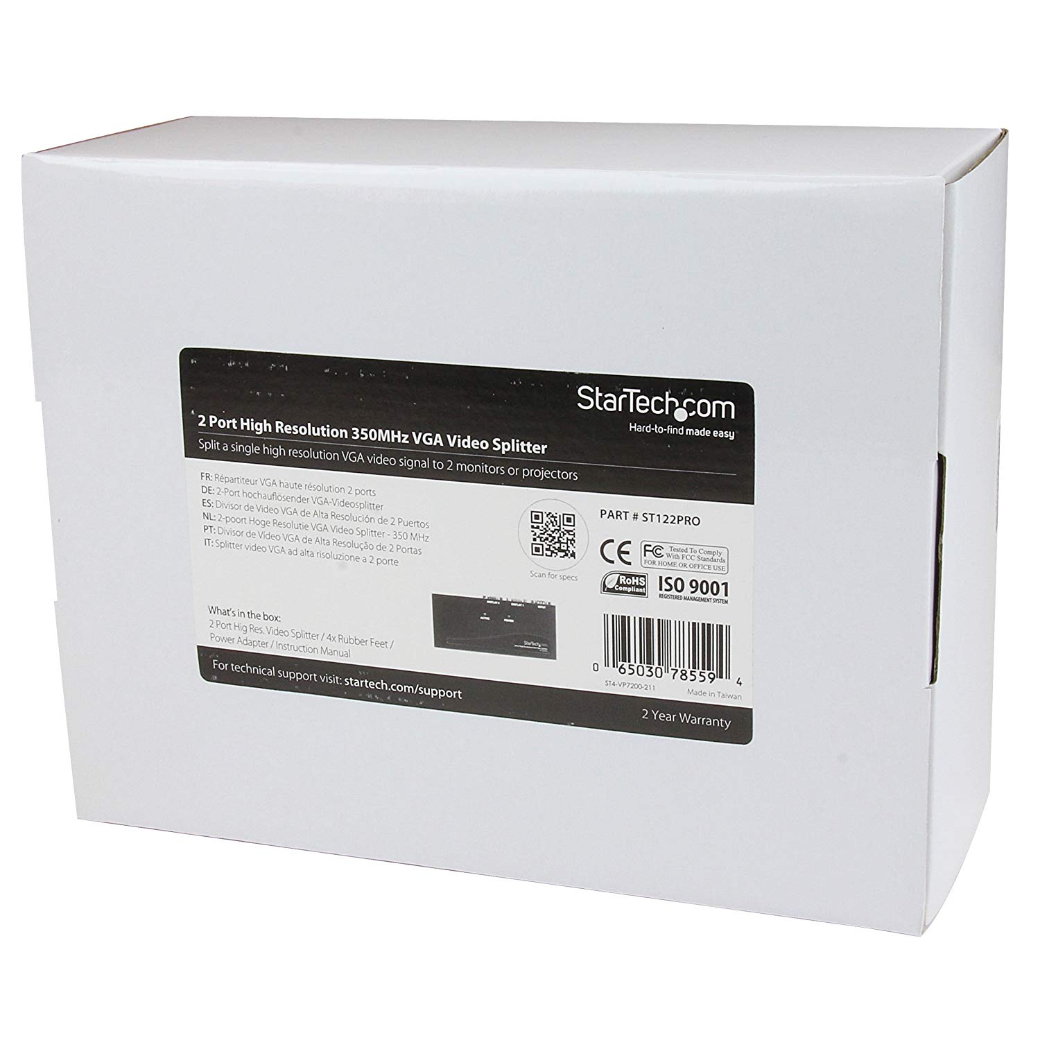 StarTech 2 Port High Resolution VGA Video Splitter with Built-in video Amplifier - 350 MHz - VGA Video Splitter 1 x