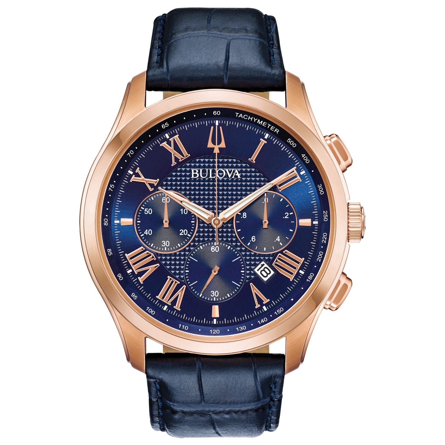 Montre à quartz homme de Bulova avec boîtier en acier inoxydable rose doré et cadran bleu 46,5&nbsp;mm