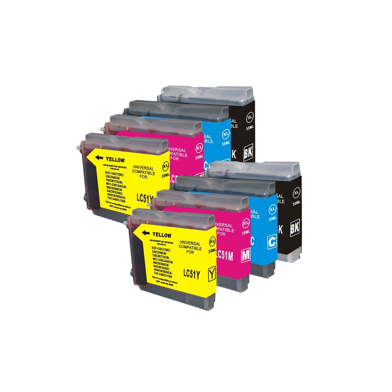 Paquet de 8 cartouches génériques imprimantes à jet d’encre CMJN LC51XL compatible avec Brother de Gotoners™ pour DCP-155/330/540/750,