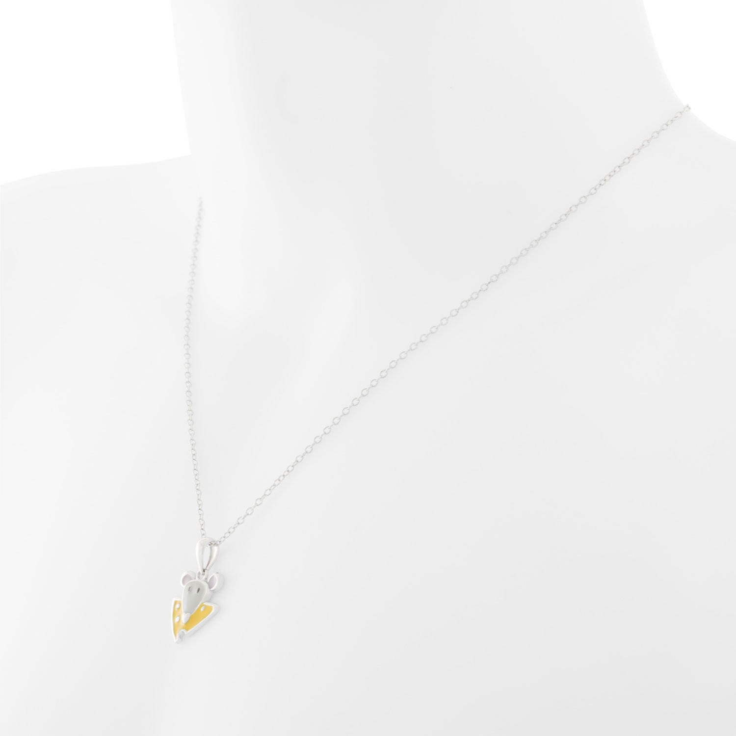 Pendentif en forme de souris avec fromage en argent sterling/émail, chaîne 14 po en argent sterling