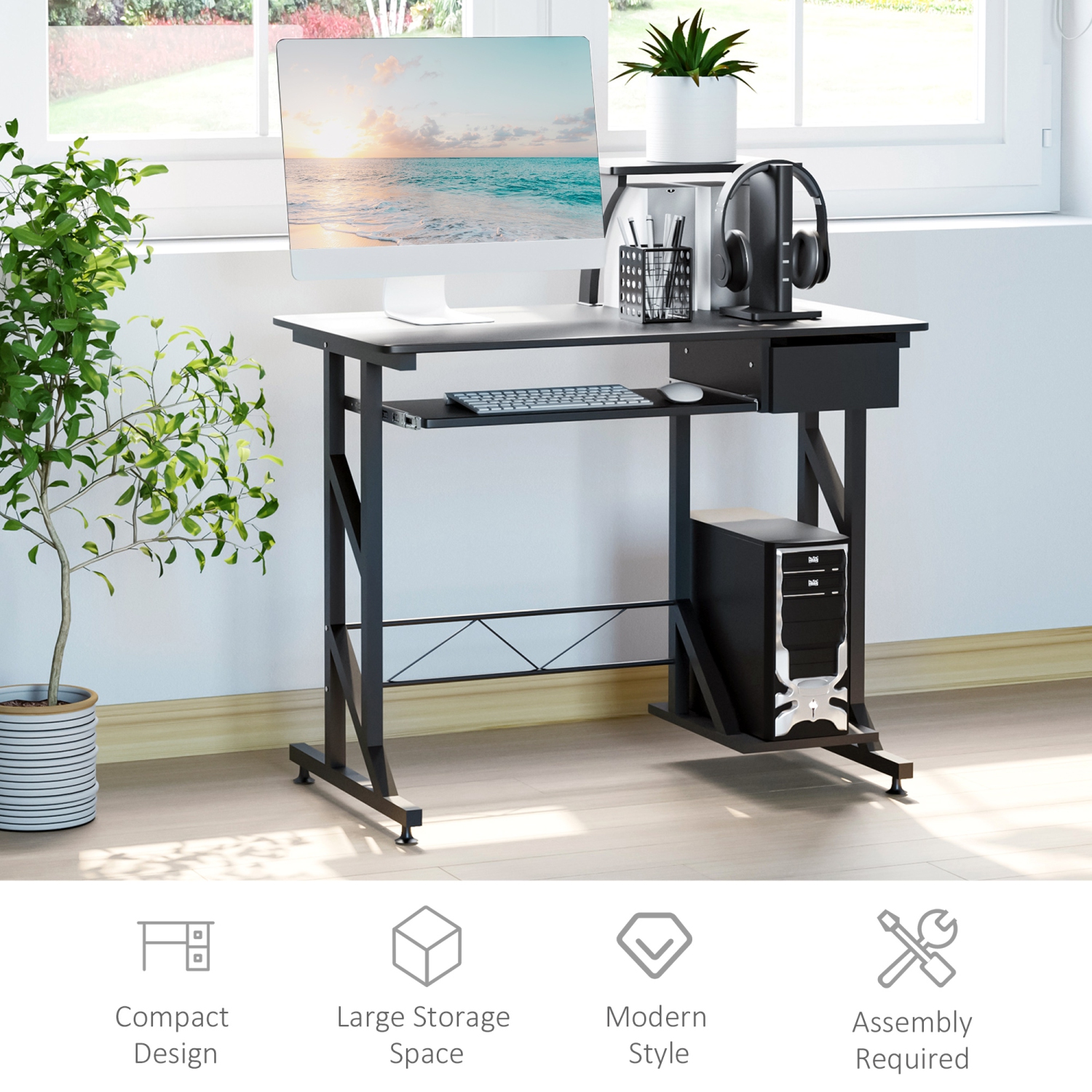 HOMCOM Computer Desk with Keyboard Tray, Writing Desk with Drawer, Workstation for Home Office, Black