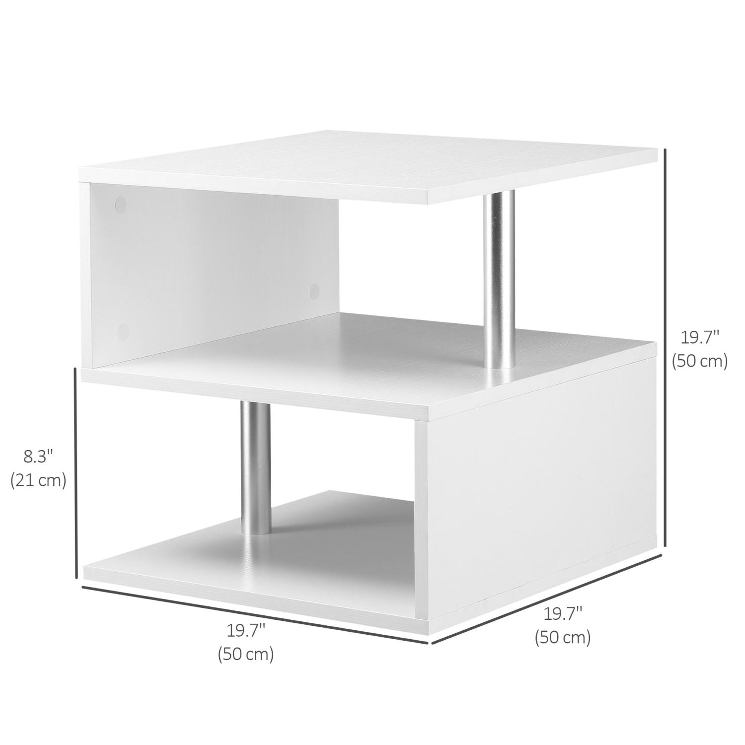 HOMCOM Square Side Table, 3-Tier End Table with Storage Shelves and Metal Frame, S-Shaped Accent Table for Living Room, Bedroom, White