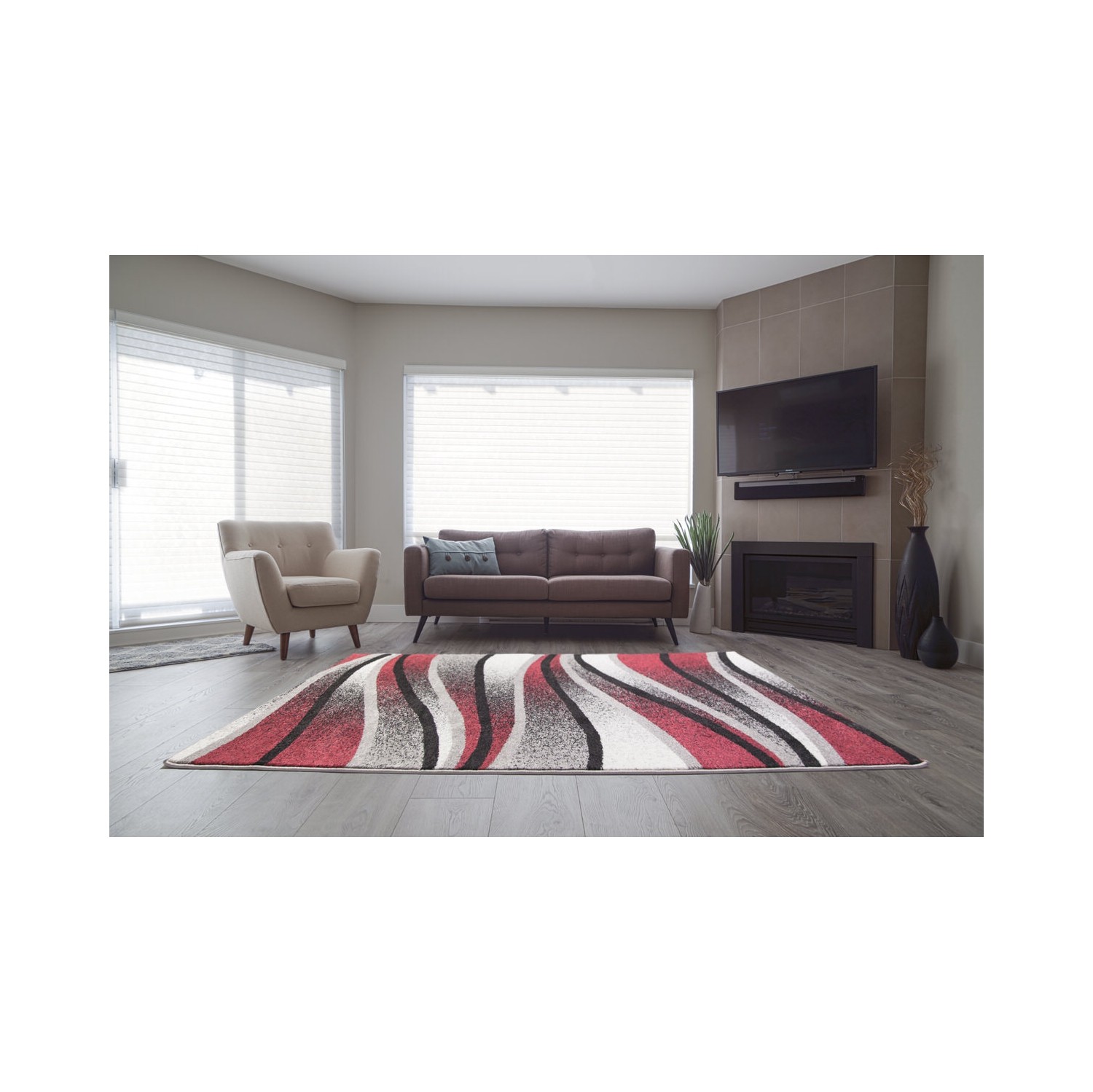 LA Dole Waves Pattern Abstract Carpet 2'7" x 9'10" Hallway Runner - Ivory/Red/Grey