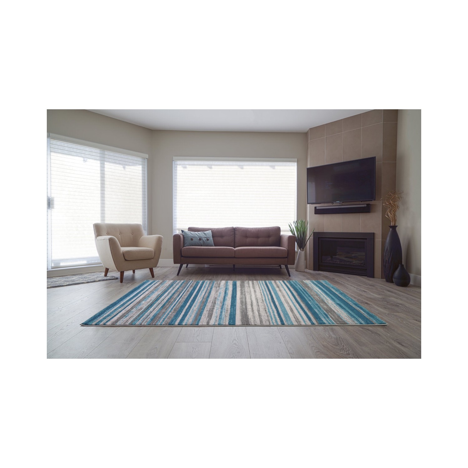 LA Dole Kensington Stripes Abstract Pattern 7'10" x 10'5" Rectangle Area Rug - Blue/Ivory