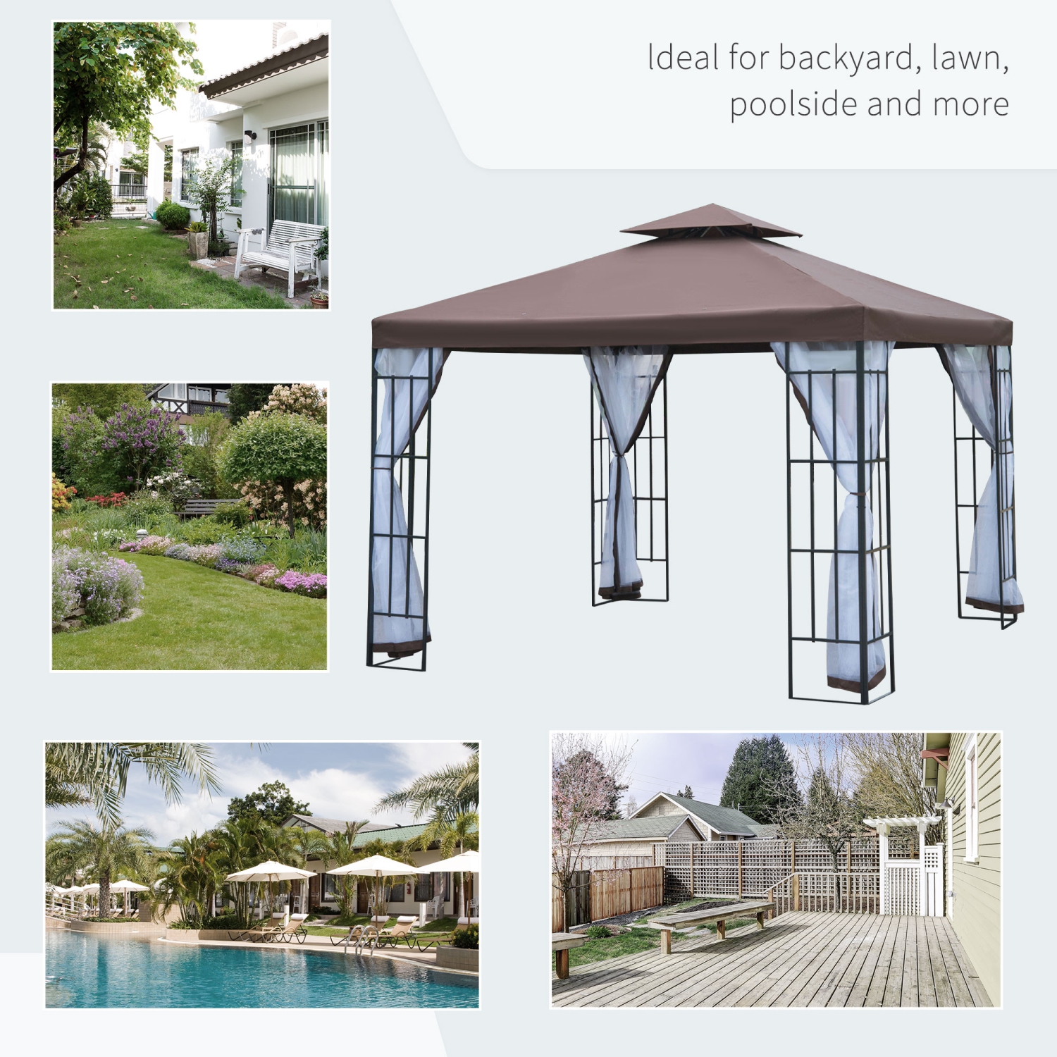 Outsunny 10'x10' Garden Gazebo Patio Canopy Portable Party Event Backyard w/ Mosquito Netting Coffee