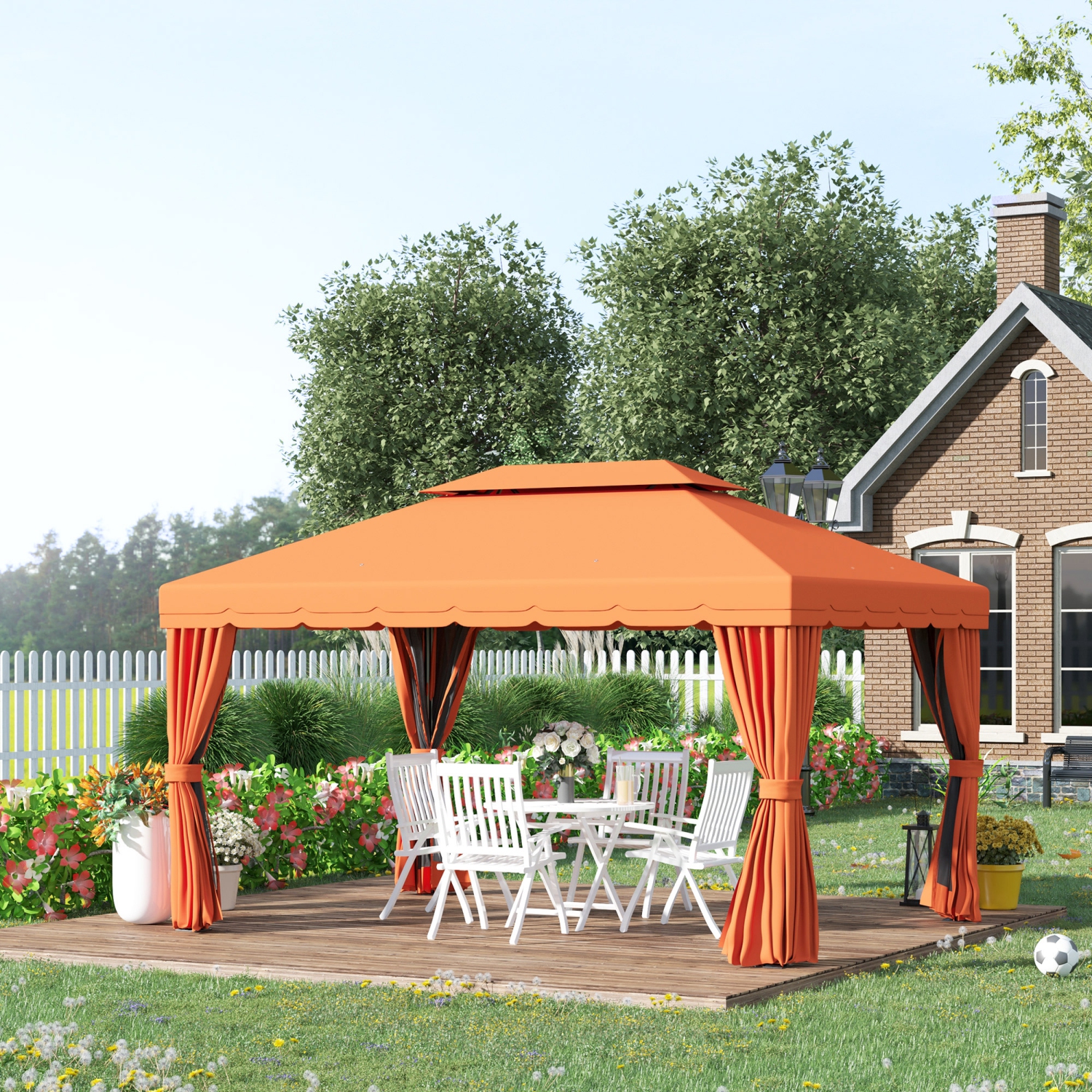 Abri de jardin Outsunny à cadre en aluminium, 10 x 13ft, 2 niveaux, avec filet et rideaux, orange