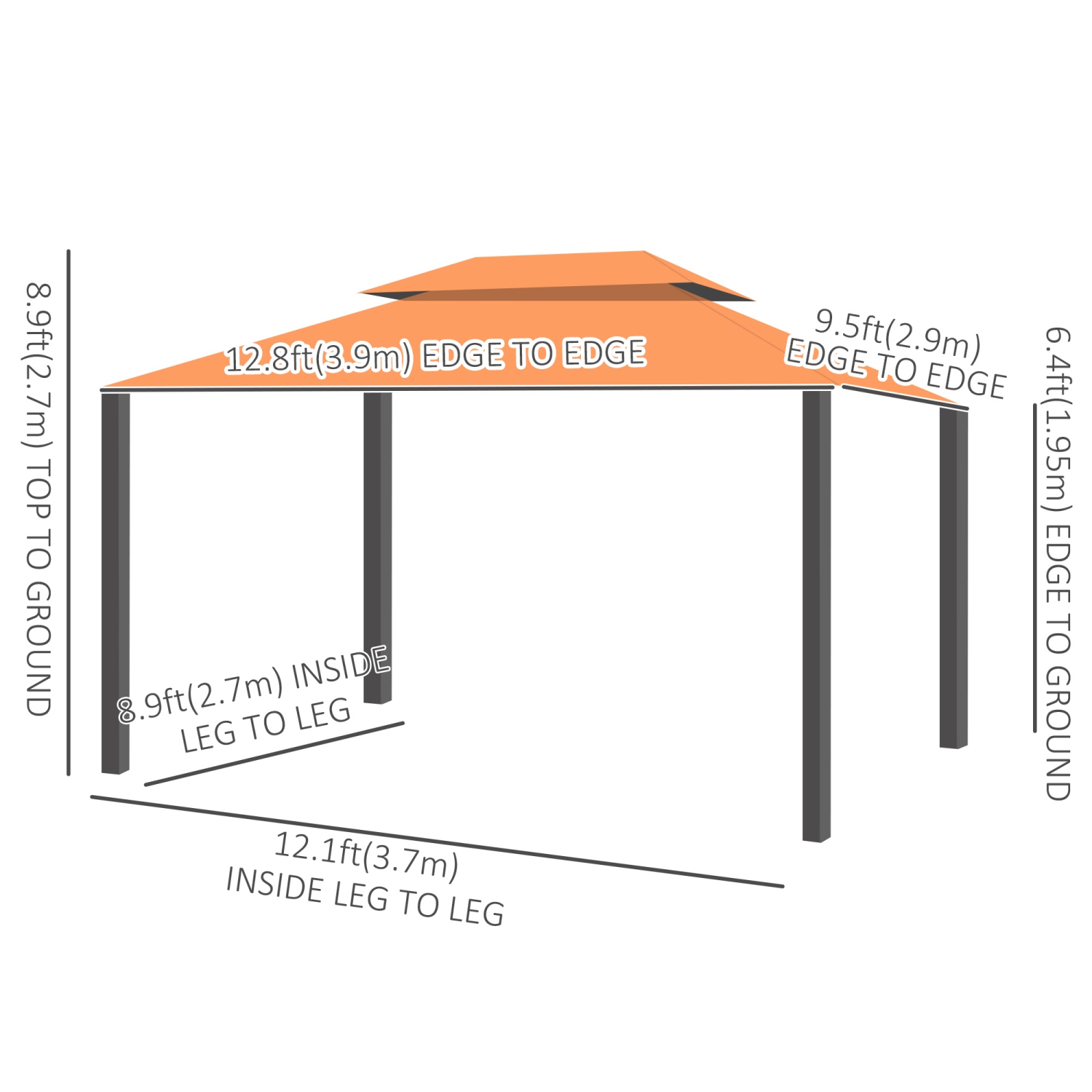 Abri de jardin Outsunny à cadre en aluminium, 10 x 13ft, 2 niveaux, avec filet et rideaux, orange