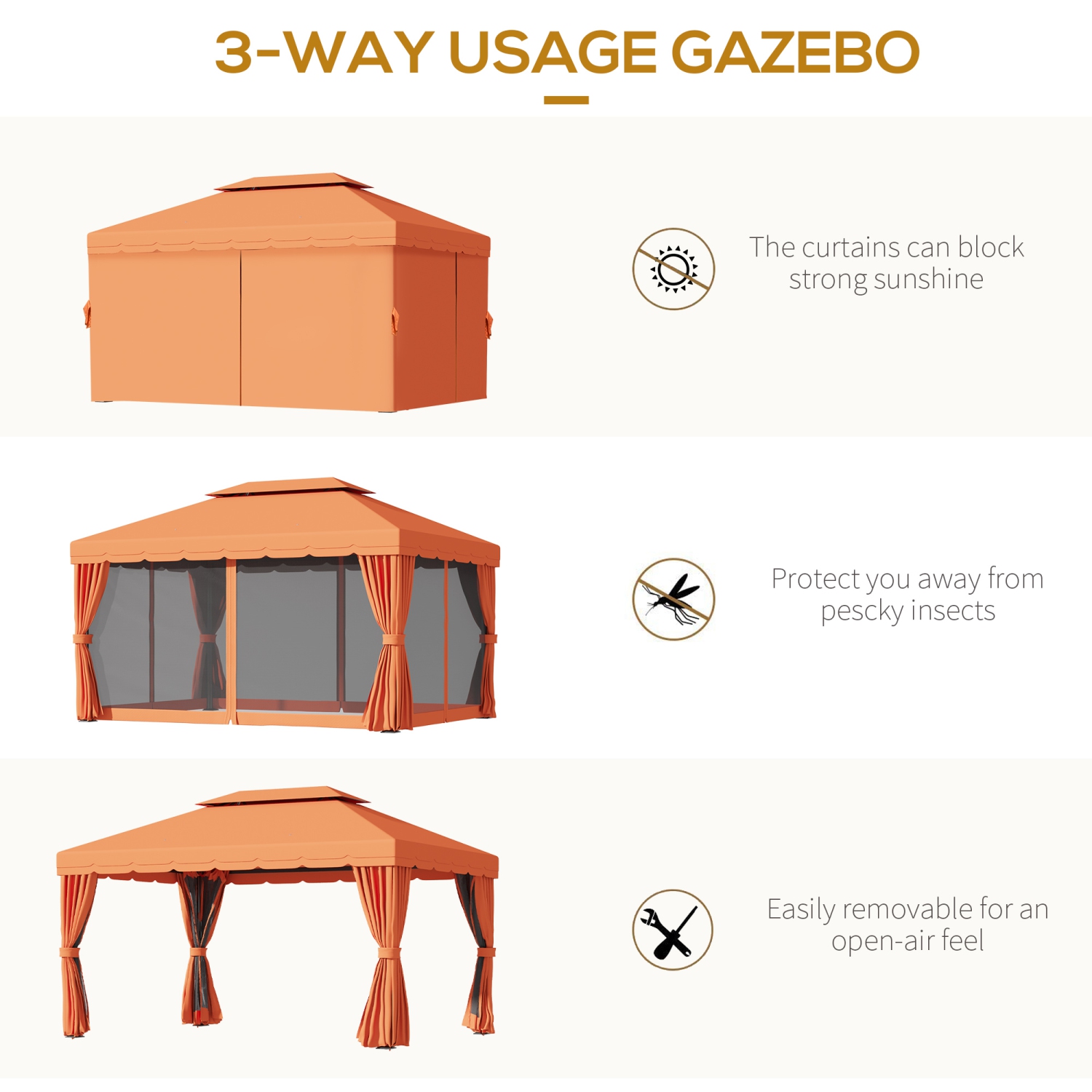 Abri de jardin Outsunny à cadre en aluminium, 10 x 13ft, 2 niveaux, avec filet et rideaux, orange