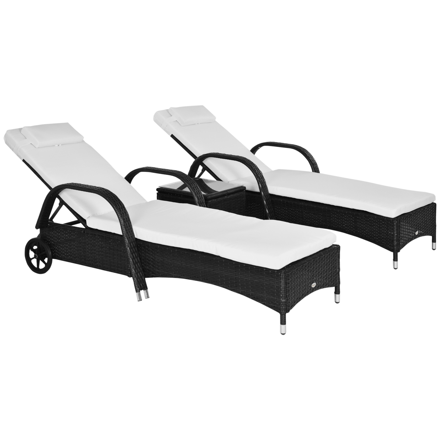 Ensemble de 3 chaises longues en osier Outsunny avec table, ensemble de chaises longues d'extérieur en rotin PE avec coussins, roulettes, dossier