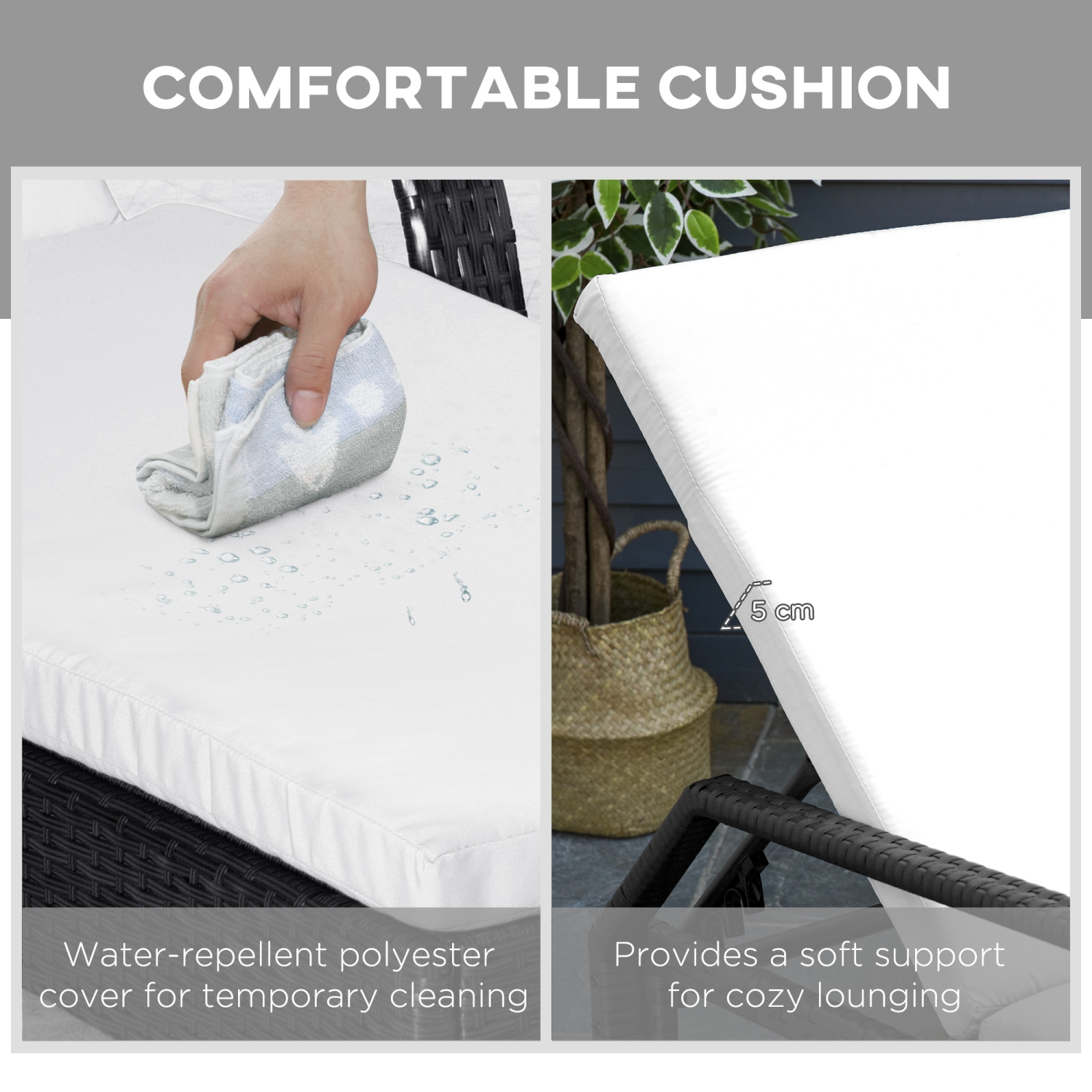 Ensemble de 3 chaises longues en osier Outsunny avec table, ensemble de chaises longues d'extérieur en rotin PE avec coussins, roulettes, dossier