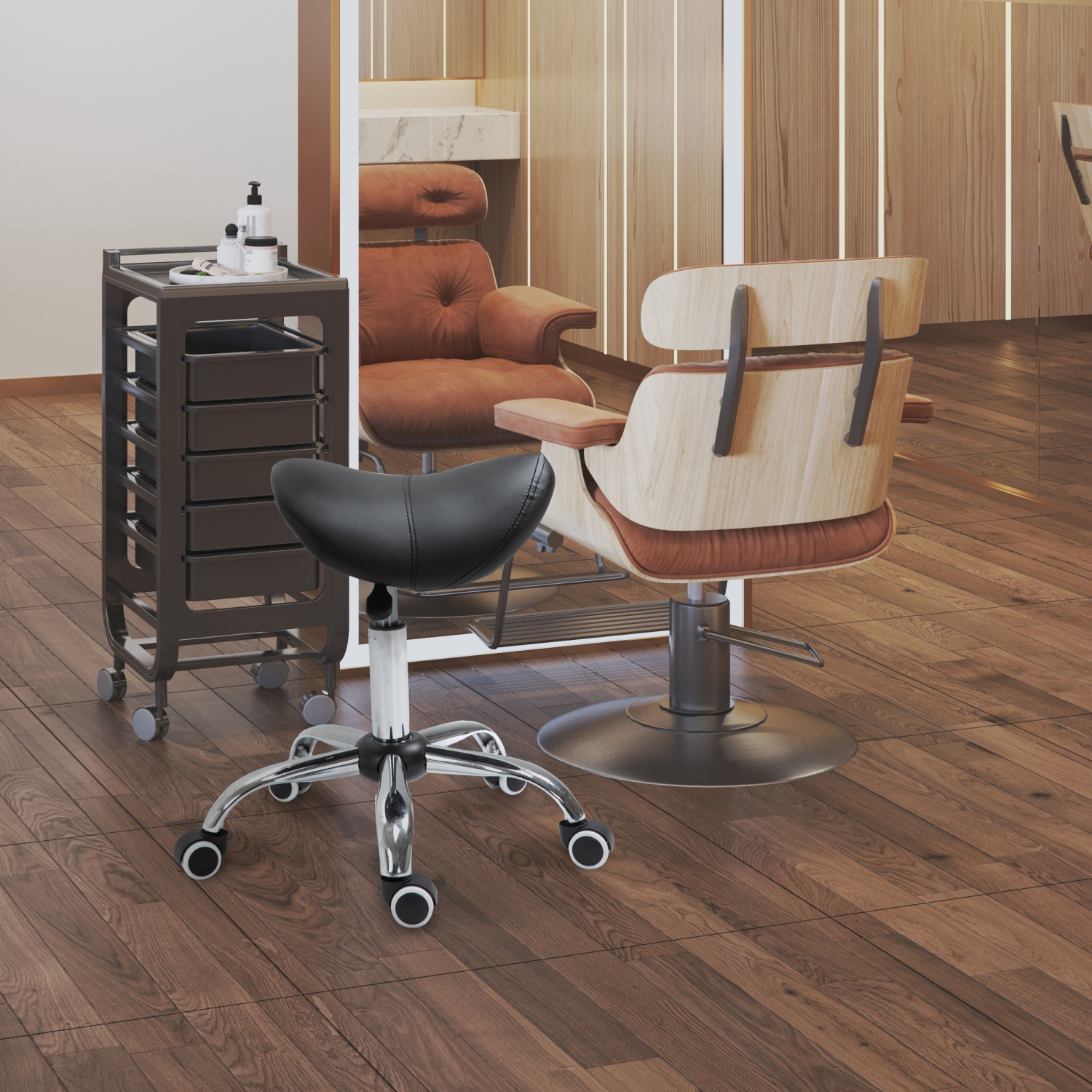 HOMCOM Adjustable Hydraulic Rolling Salon Stool Swivel Saddle Chair Spa Beauty Seat PU Leather, Black