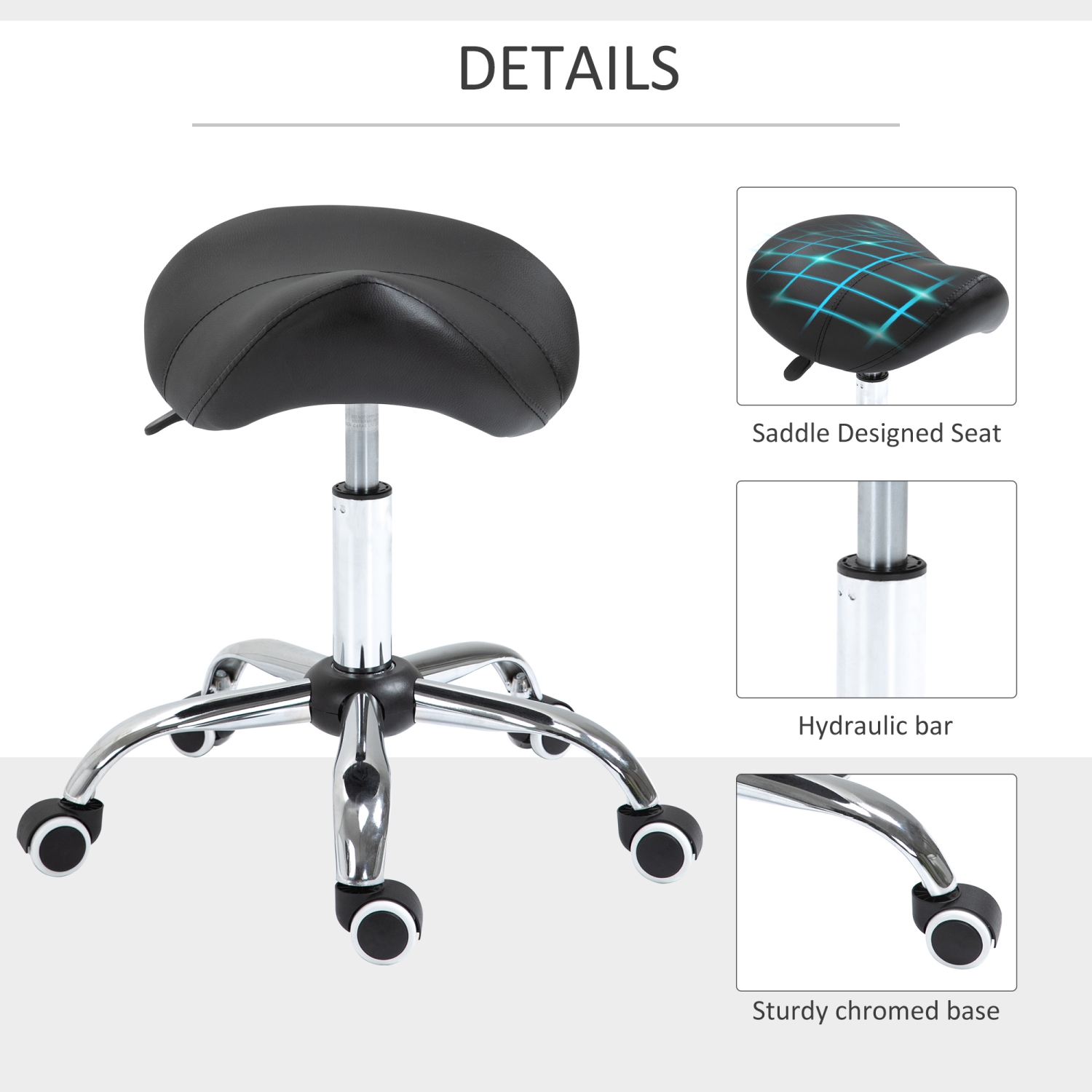 HOMCOM Adjustable Hydraulic Rolling Salon Stool Swivel Saddle Chair Spa Beauty Seat PU Leather, Black