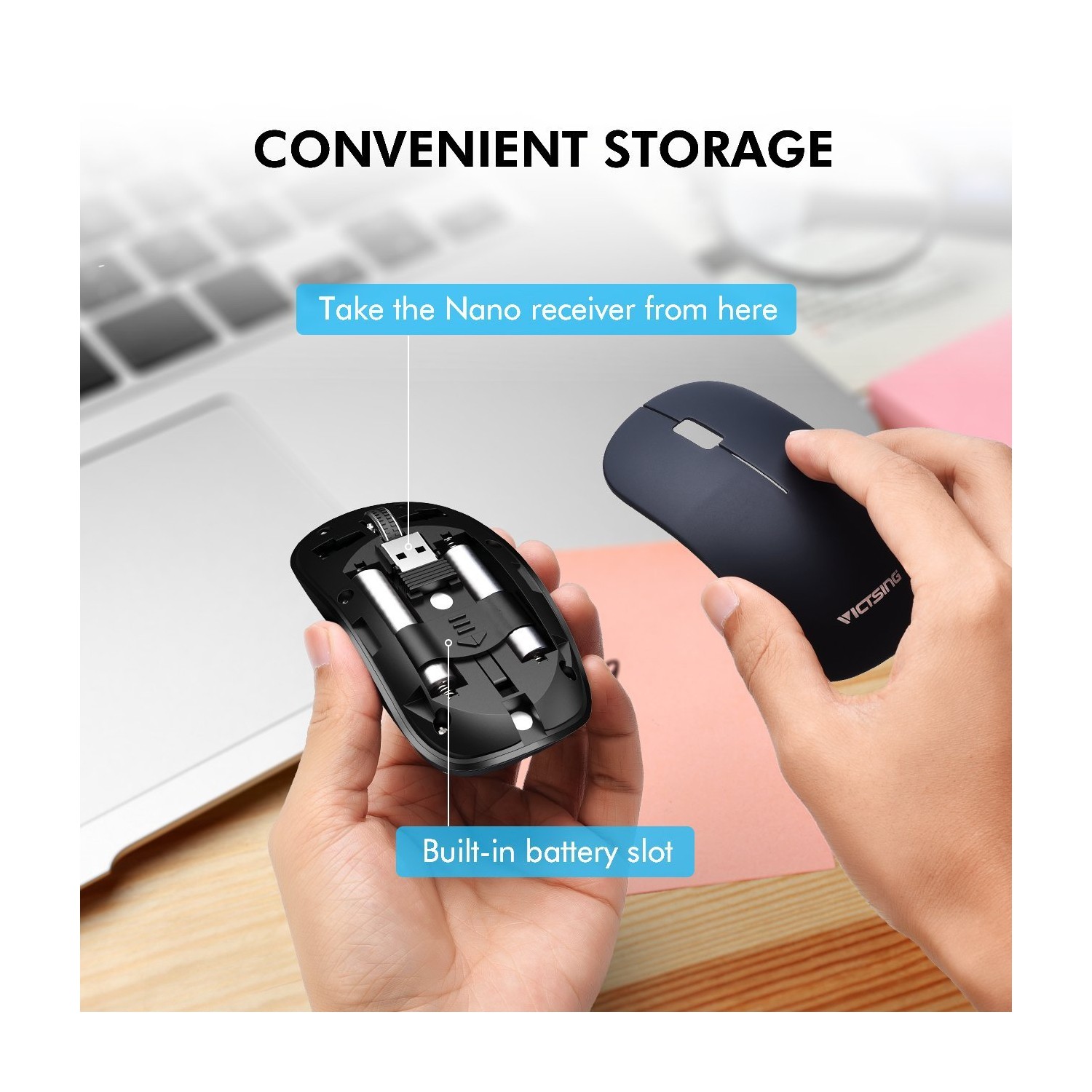 VicTsing Wireless Mouse, 2.4G Slim Magnetic Wireless Mouse with Nano Receiver - Navy Blue