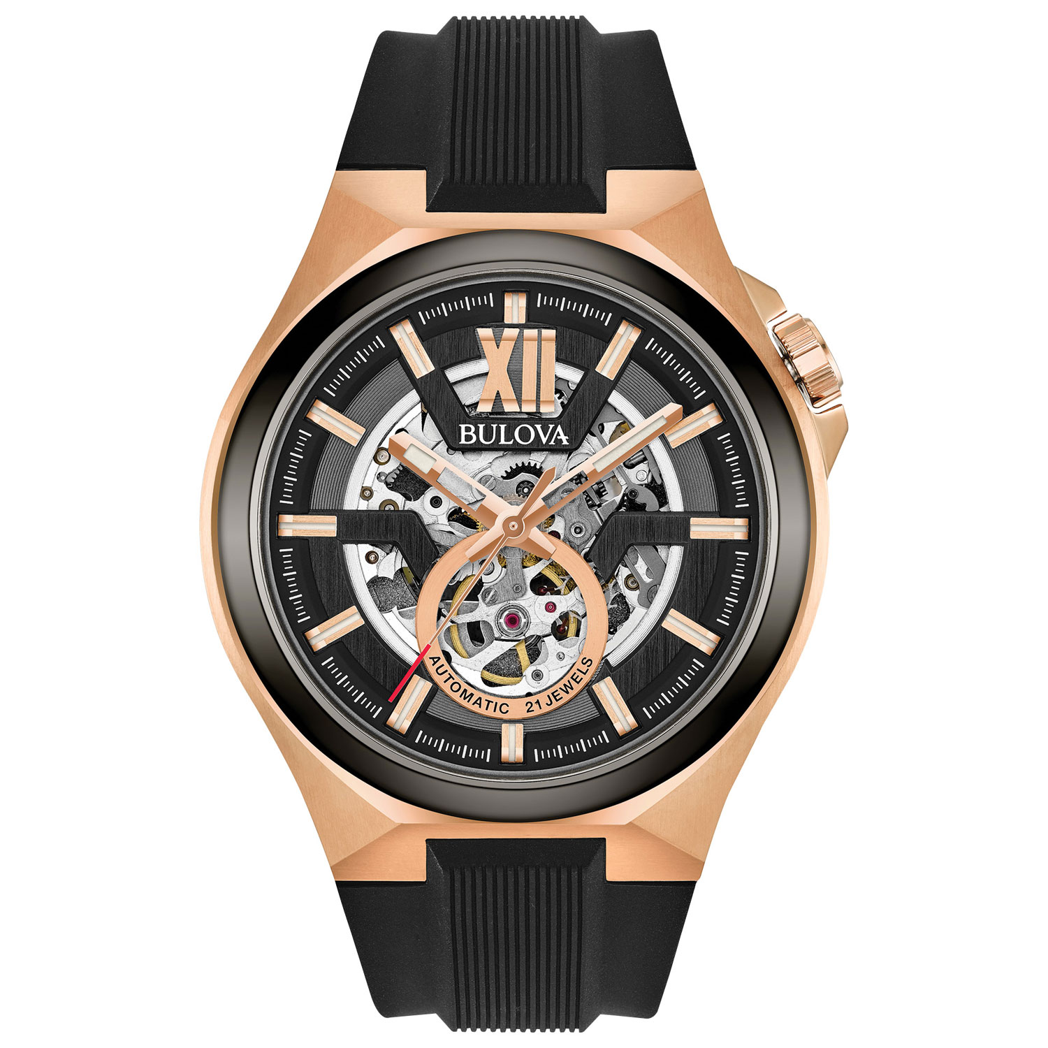 Bulova Maquina Automatic Watch 46mm Men's Watch - Rose Gold-Tone Case, Black Silicone Strap & Black Dial