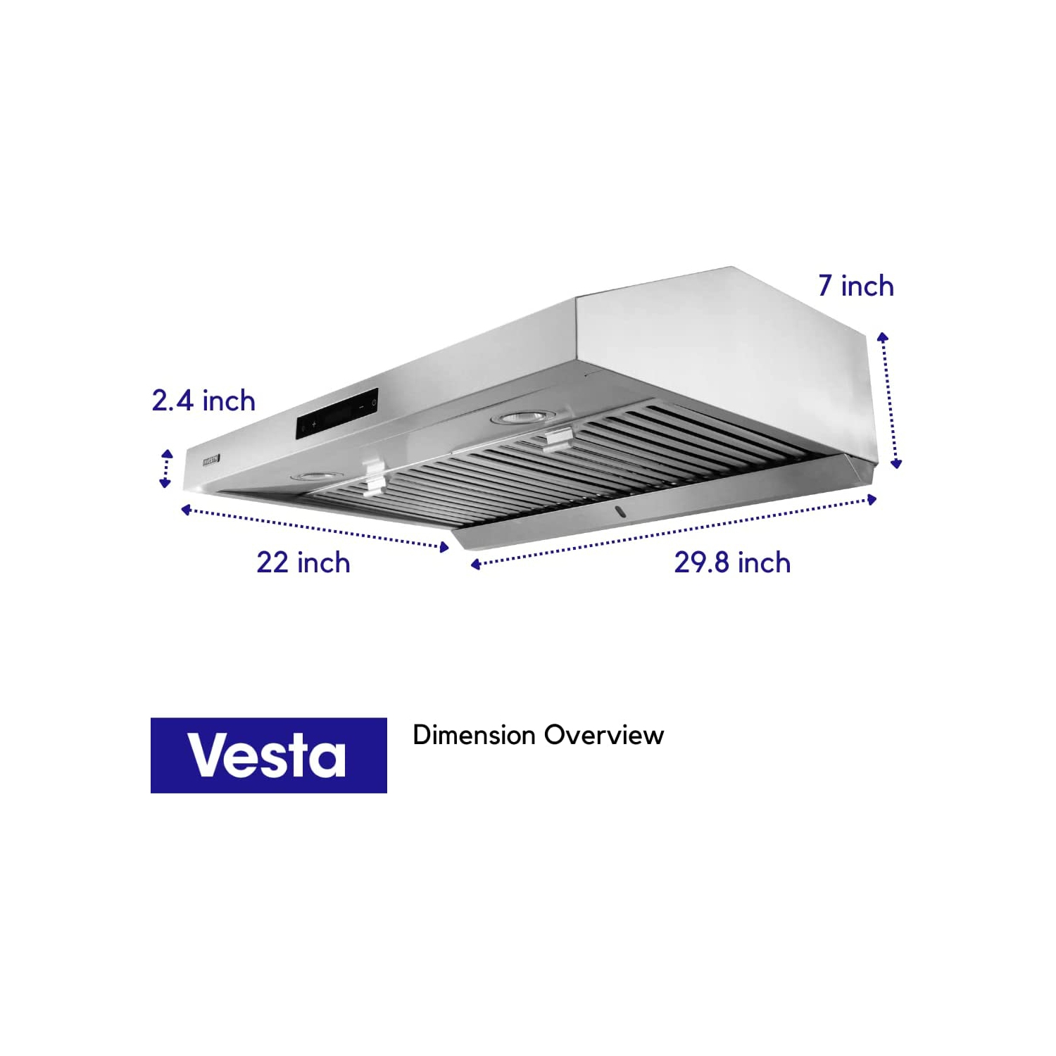 Hotte de dessous d'armoire de 30 po en acier inoxydable avec moteur double Atlanta 860CFM de Vesta, 6 vitesses, écran tactile, DEL GU10, filtres