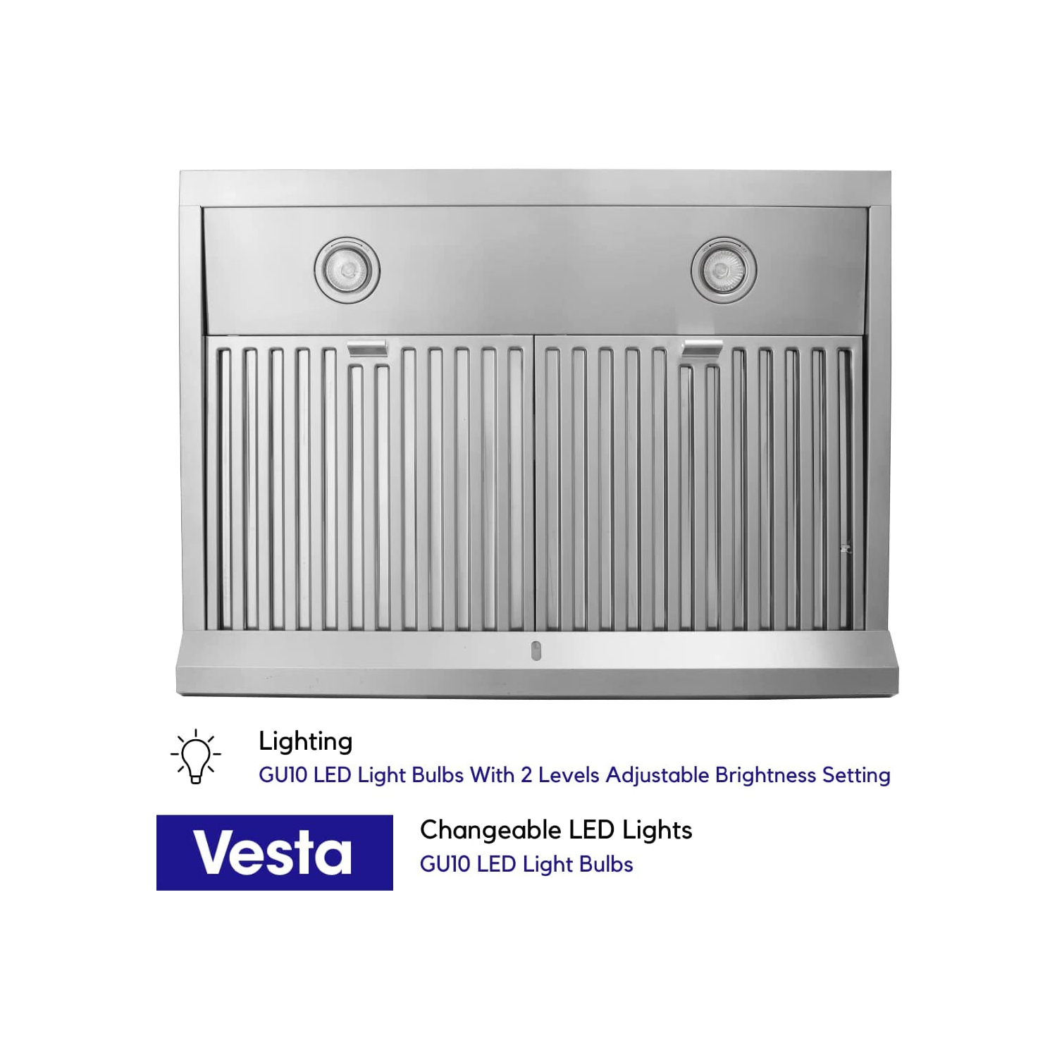 Hotte de dessous d'armoire de 30 po en acier inoxydable avec moteur double Atlanta 860CFM de Vesta, 6 vitesses, écran tactile, DEL GU10, filtres