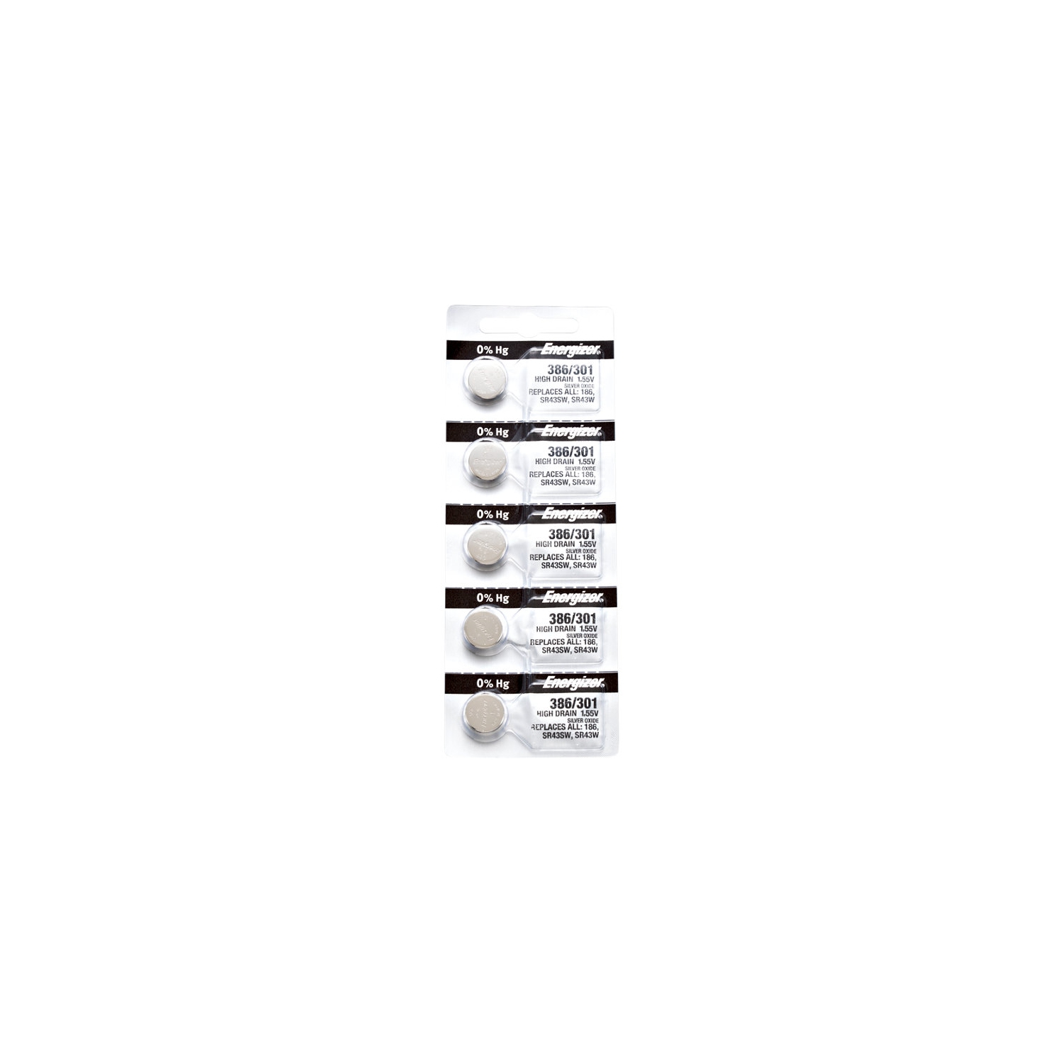 5 x Energizer 386 Watch Batteries, 1.55V, equivalent SR43SW, 301