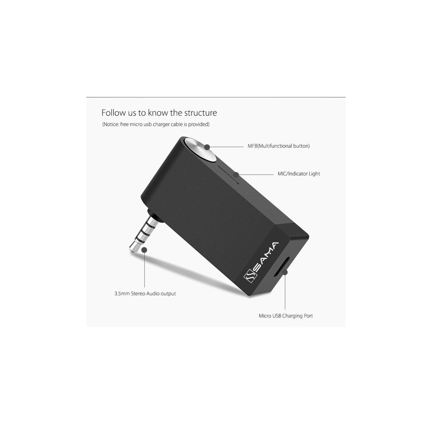 Adaptateur de récepteur audio sans fil Bluetooth 4.1 sa-50202 avec micro et batterie de SAMA