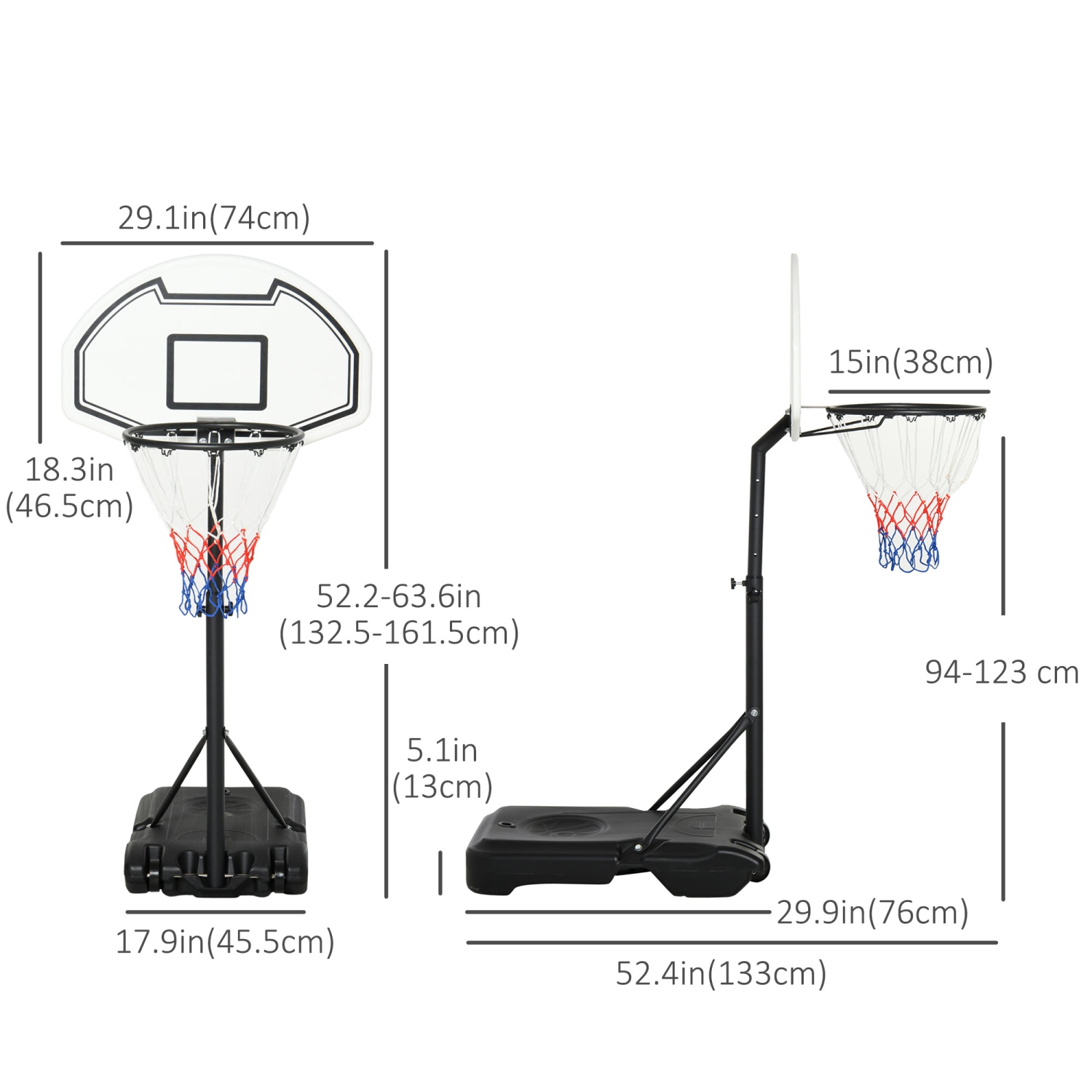 HOMCOM 51"-64" Height Adjustable Basketball System Poolside Hoop Stand Portable with Wheels