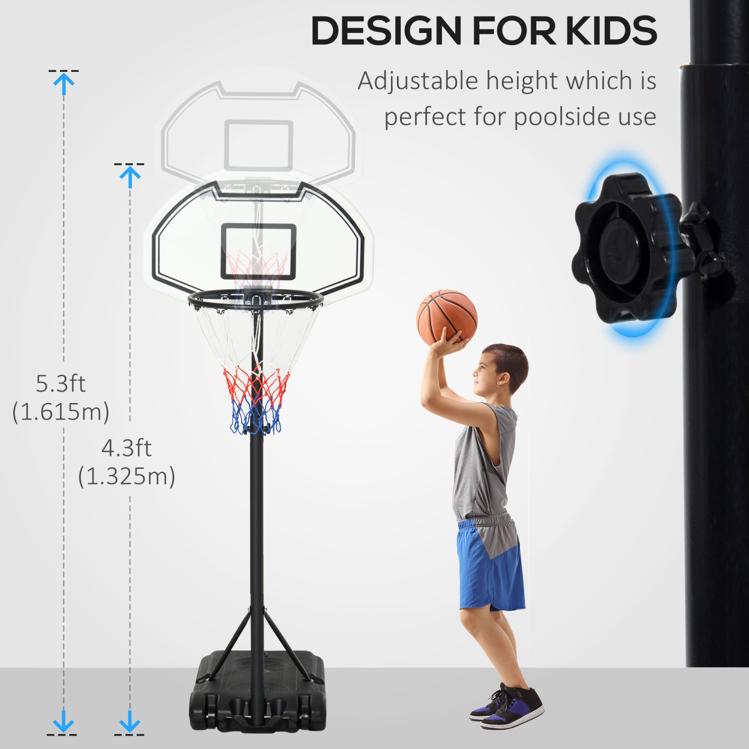 HOMCOM 51"-64" Height Adjustable Basketball System Poolside Hoop Stand Portable with Wheels