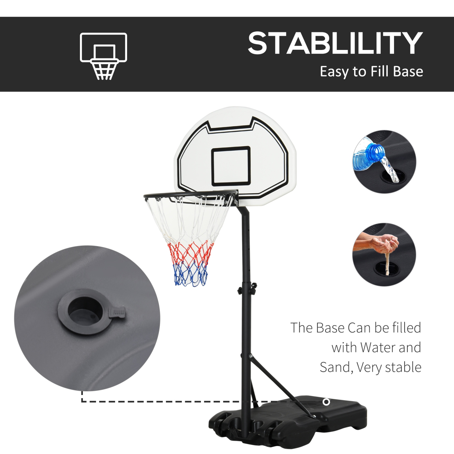 HOMCOM 51"-64" Height Adjustable Basketball System Poolside Hoop Stand Portable with Wheels