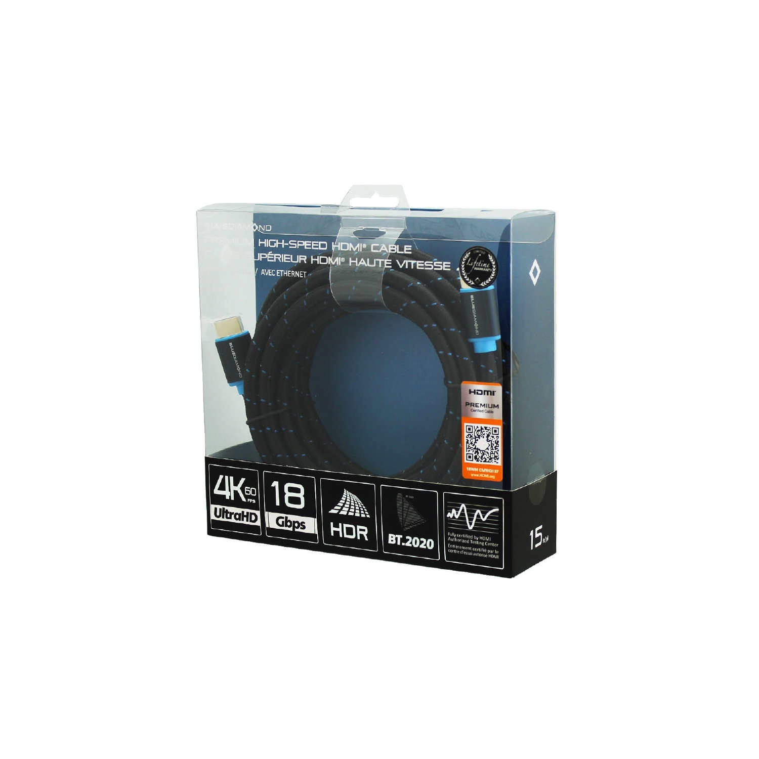BlueDiamond – Câble HDMI Ultra HD 4K de qualité supérieure, 15&nbsp;pi