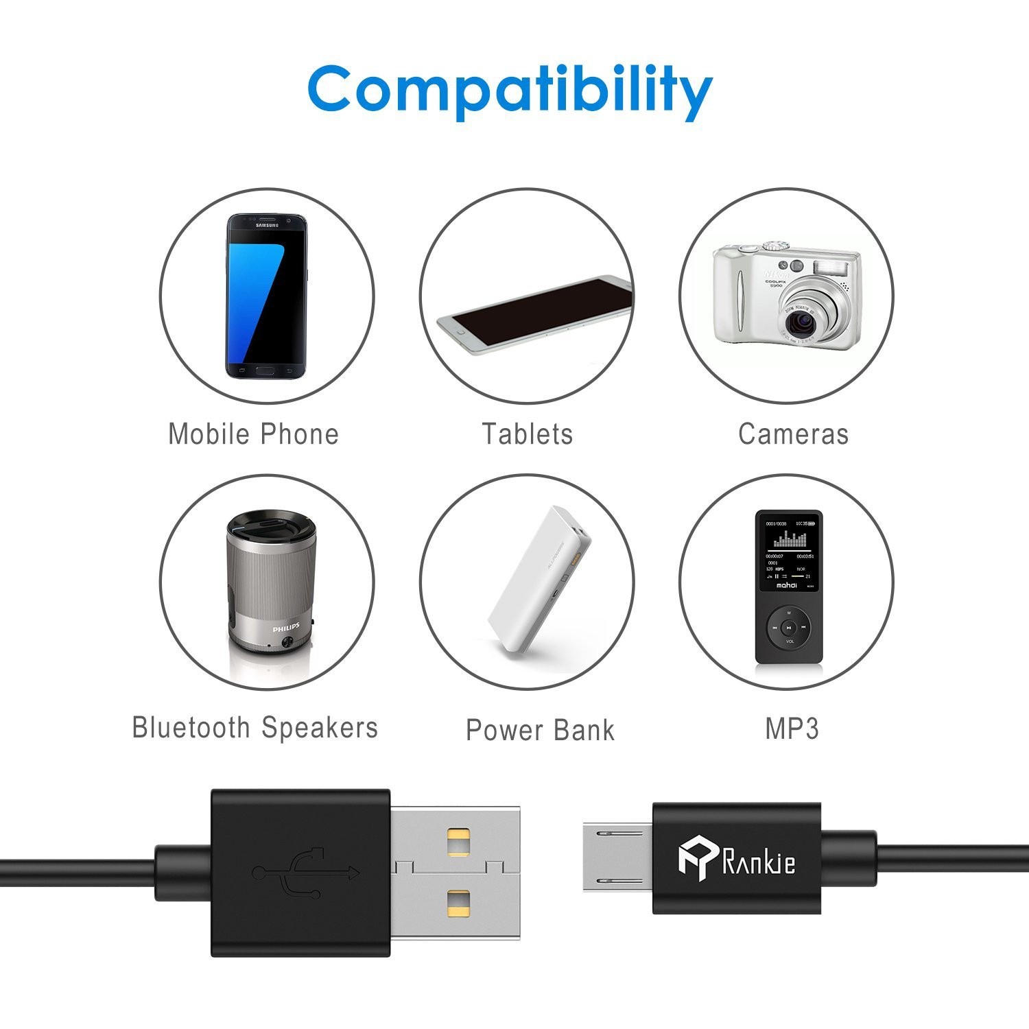 Micro USB Cable, Rankie 3-Pack Premium Micro USB Cable High Speed USB 2.0 A Male to Micro B Sync