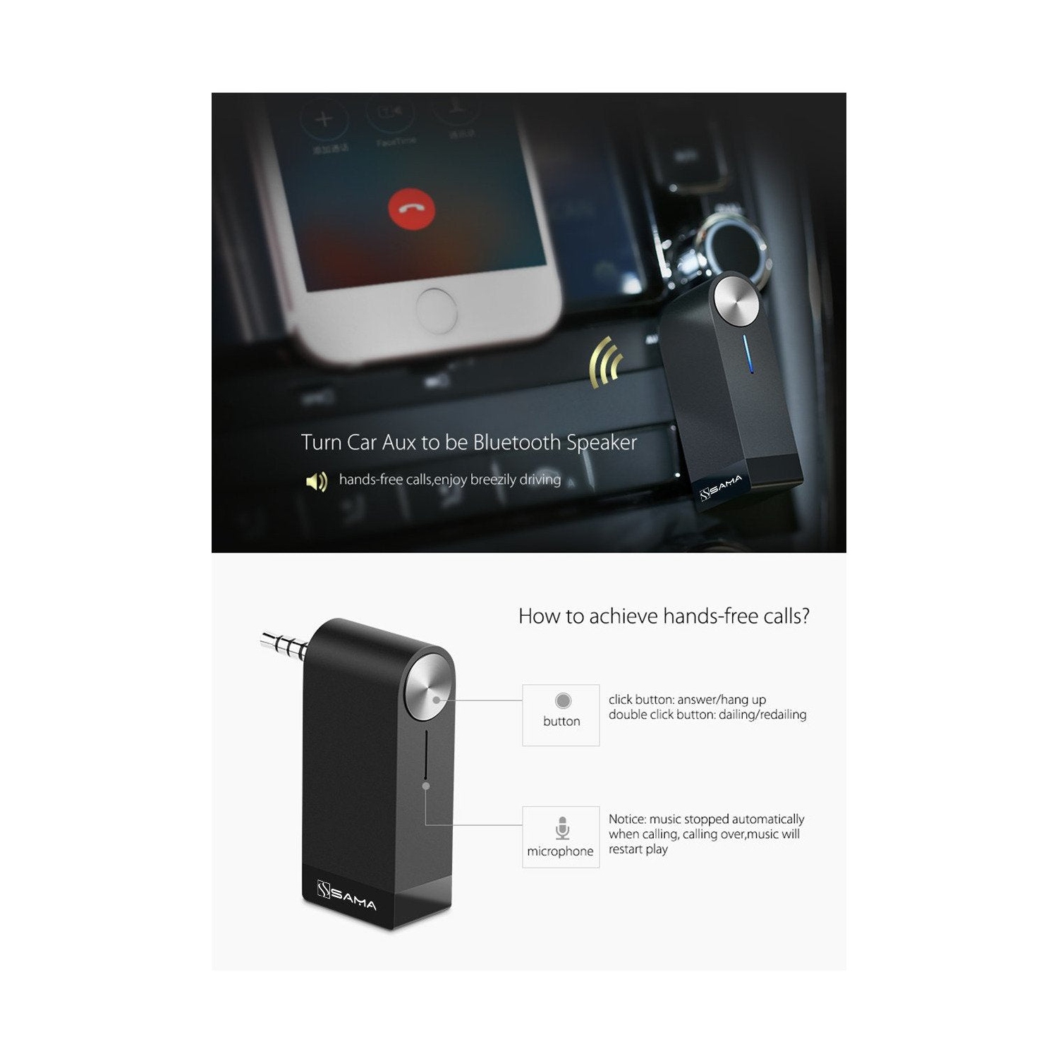 SAMA SA-50202 Wireless Bluetooth 4.1 Music Audio Receiver Adapter with Mic & battery