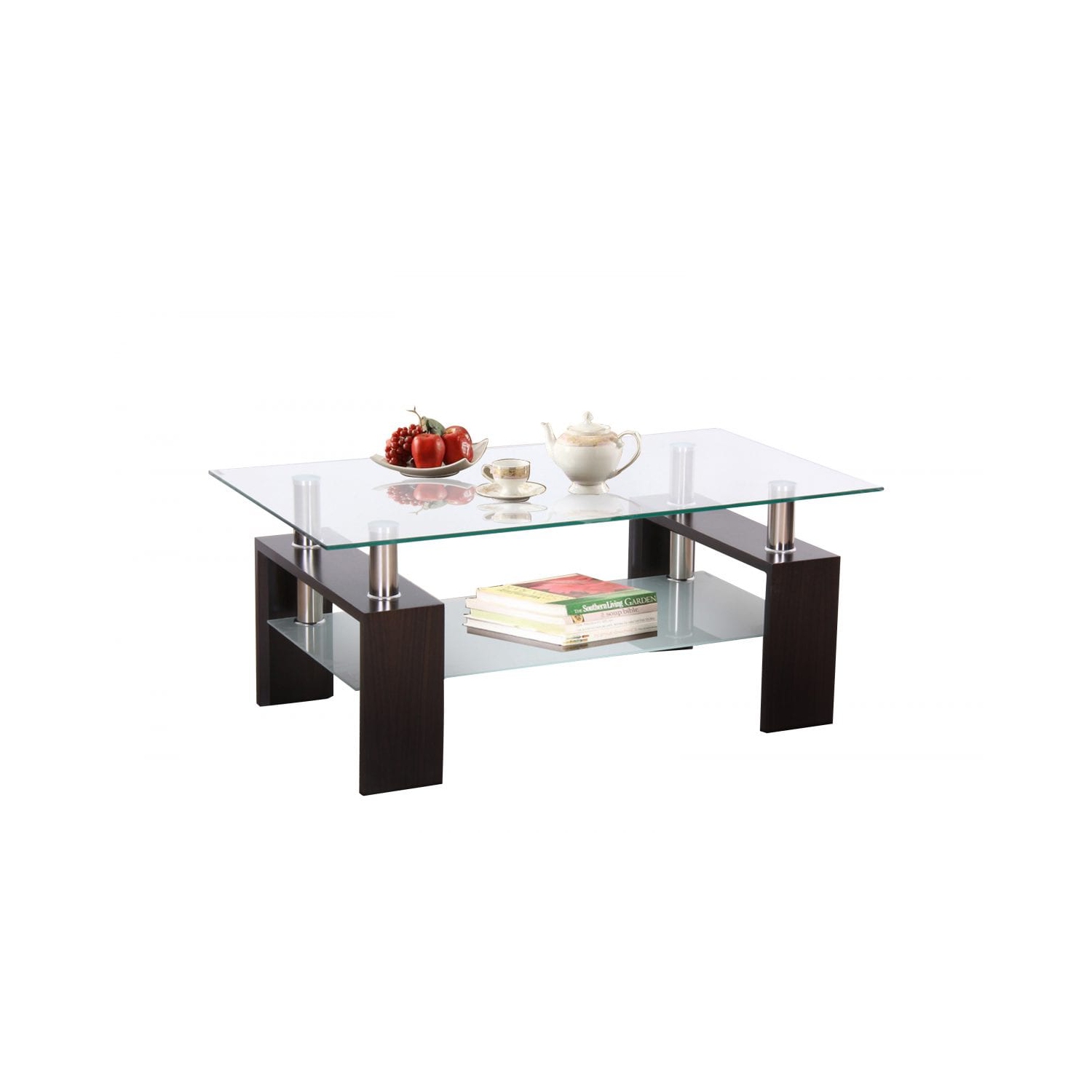 Floating Glass Rectangular Modern Coffee Table with Glass Shelf