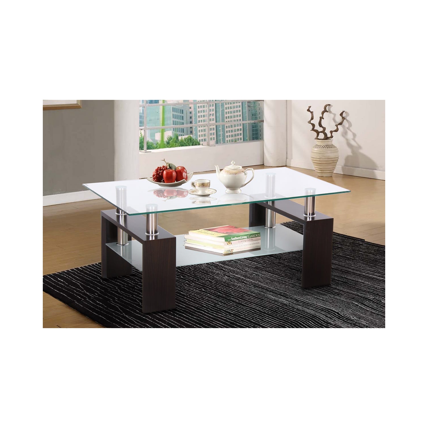 Floating Glass Rectangular Modern Coffee Table with Glass Shelf