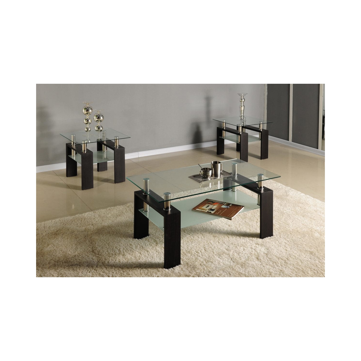 Floating Glass Rectangular Modern Coffee Table with Glass Shelf, Matching End Tables- Set 2 End Tables, Coffee Table