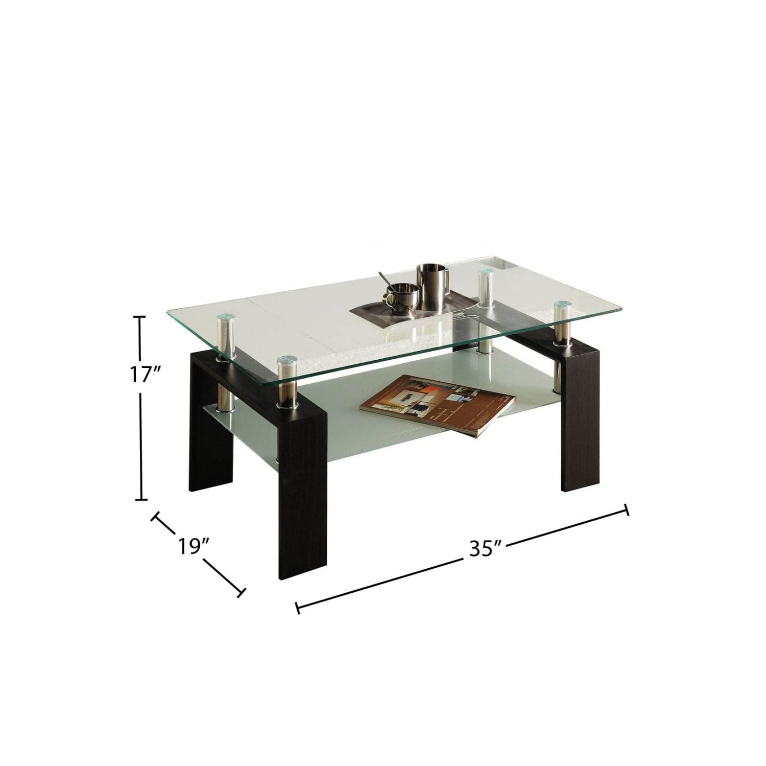 Floating Glass Rectangular Modern Coffee Table with Glass Shelf, Matching End Tables- Set 2 End Tables, Coffee Table