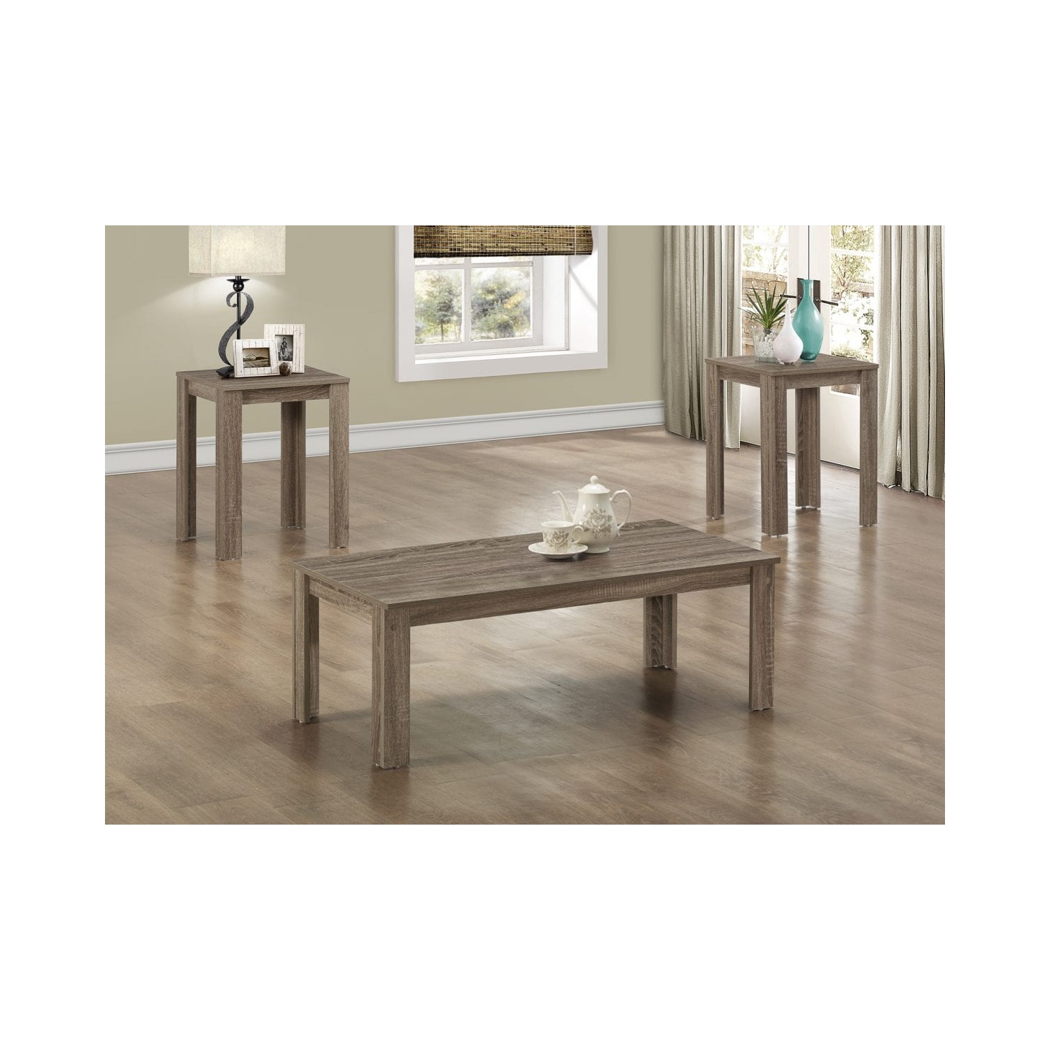 Driftwood Oak Wood Finish Traditional 3 Piece Coffee Table Set with 2 End Tables and Coffee Table