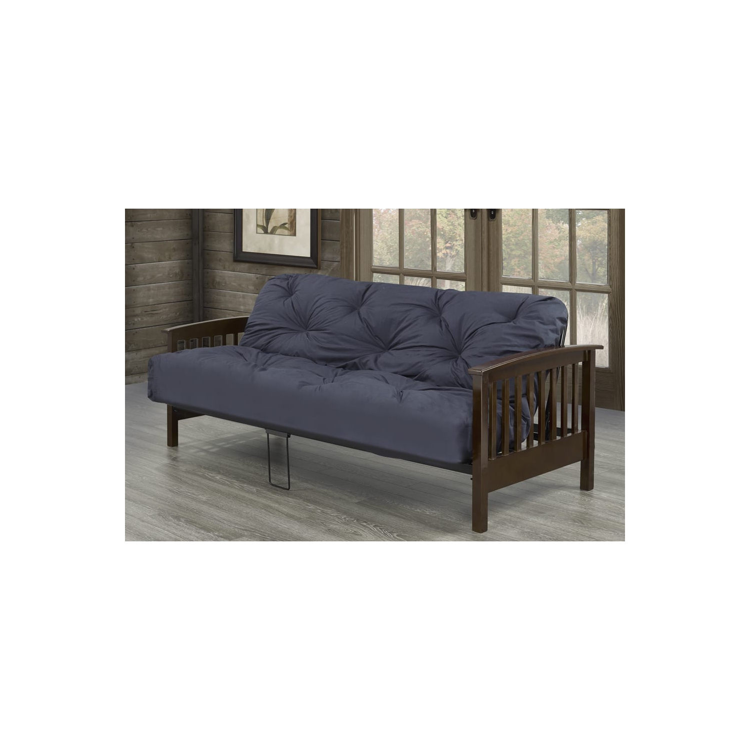 Cadre de futon classique au fini bois expresso avec support central et mécanisme de descente facile