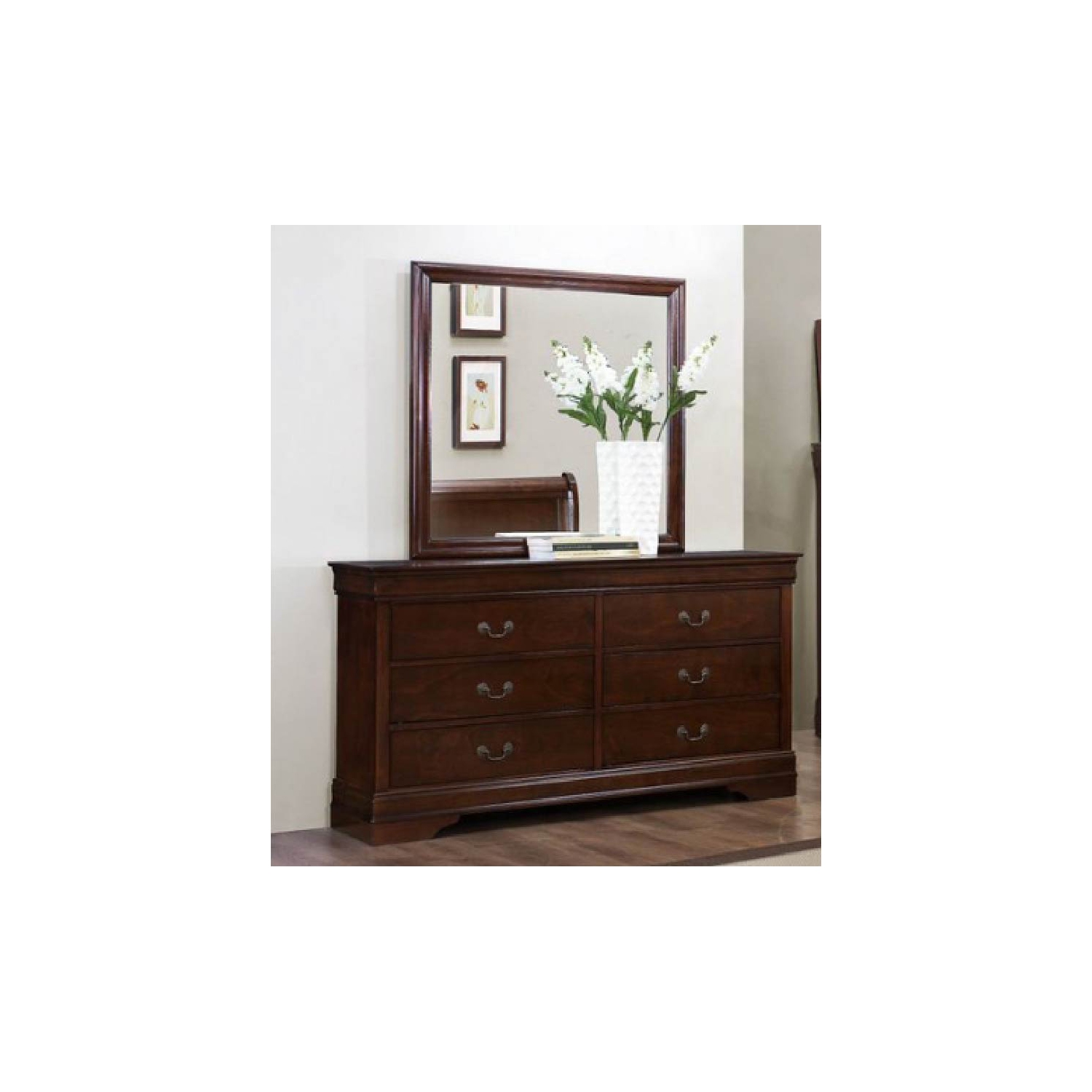 Commode et miroir de chambre à coucher traditionnels en bois de cerisier foncé semi-lustré Louis Phillipe 6 tiroirs