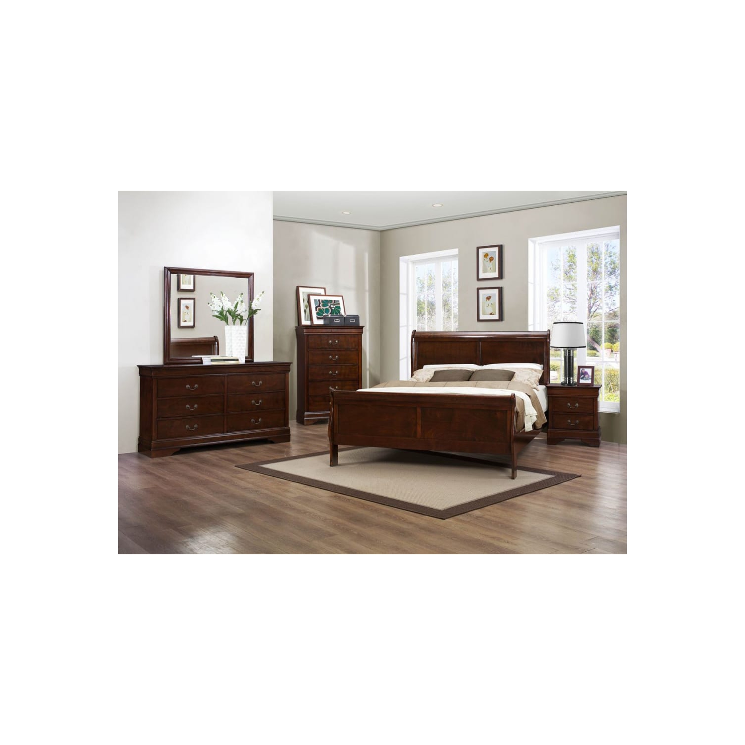 Louis Phillipe Table de chevet traditionnelle en bois de cerisier foncé semi-brillant 2 tiroirs