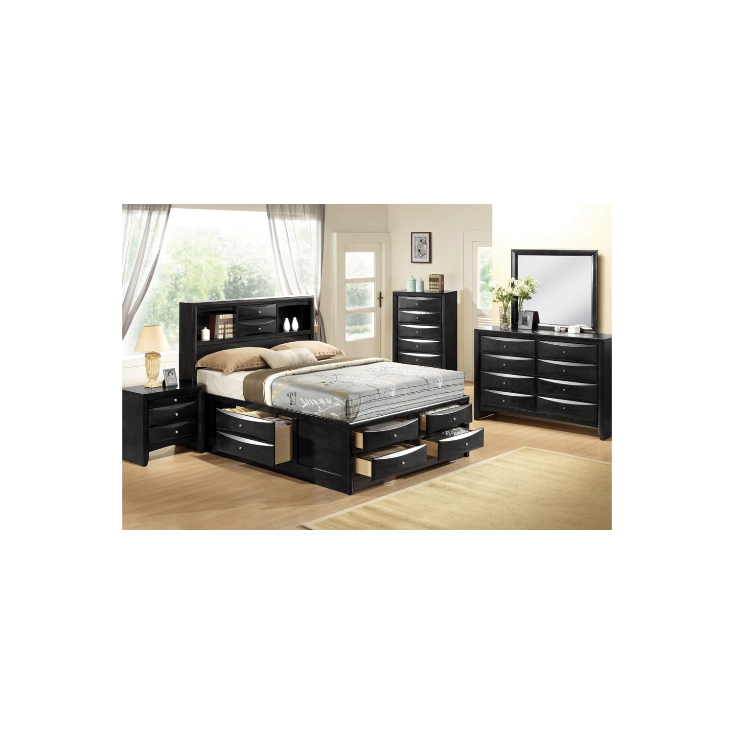Felicia Black Wood Finish Traditional Bedroom Dresser and Mirror with 8 Drawers