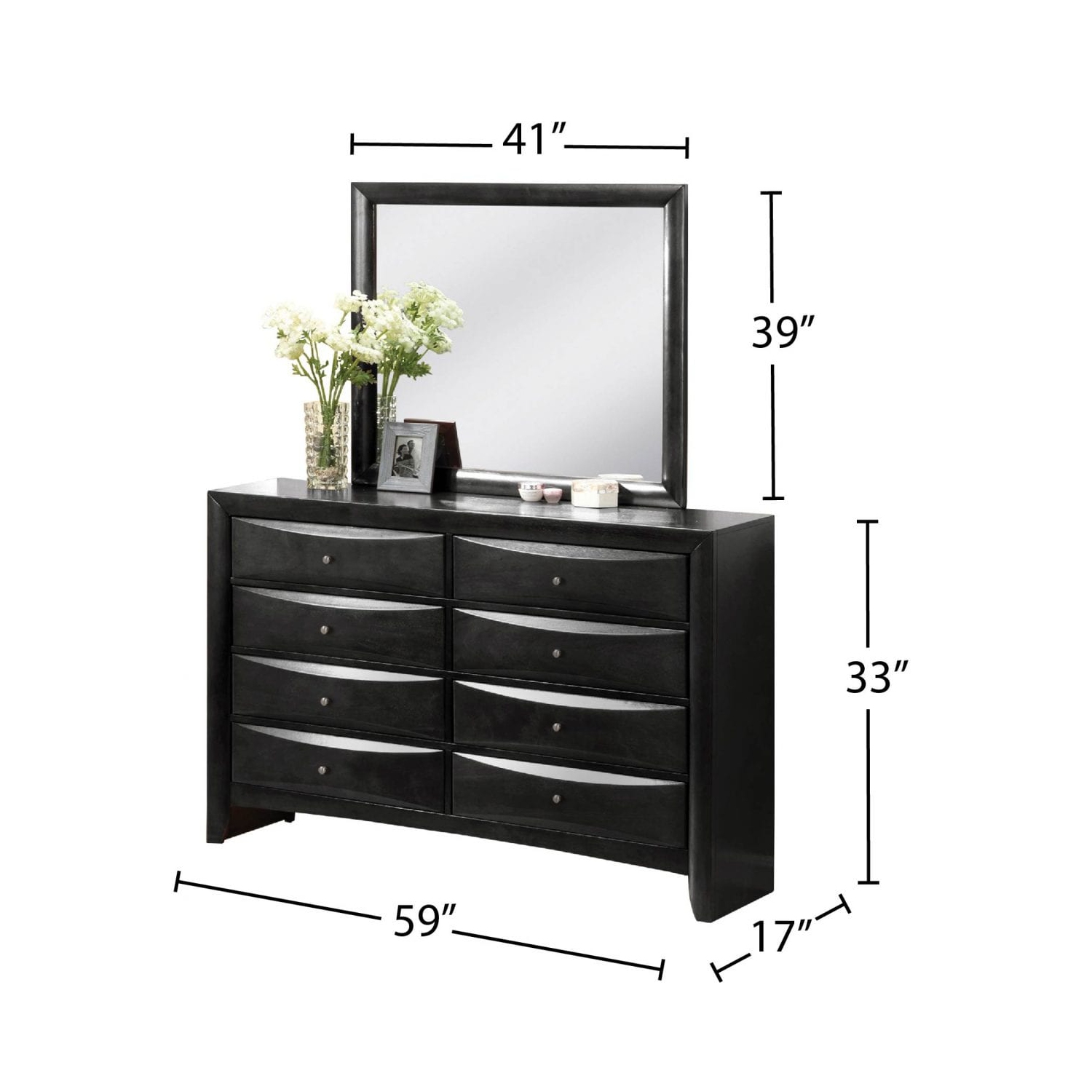 Felicia Black Wood Finish Traditional Bedroom Dresser and Mirror with 8 Drawers