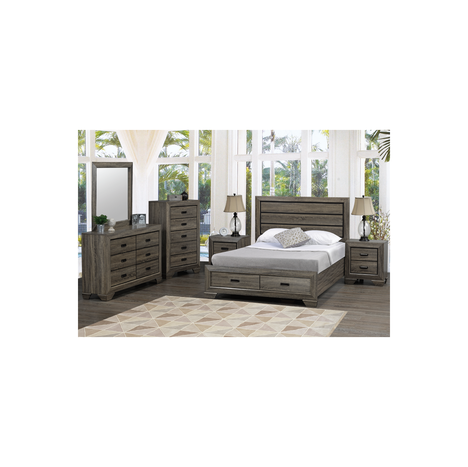 Jenna Distressed Grey Wood Finish Contemporary 78" King Bed with 2 Drawers