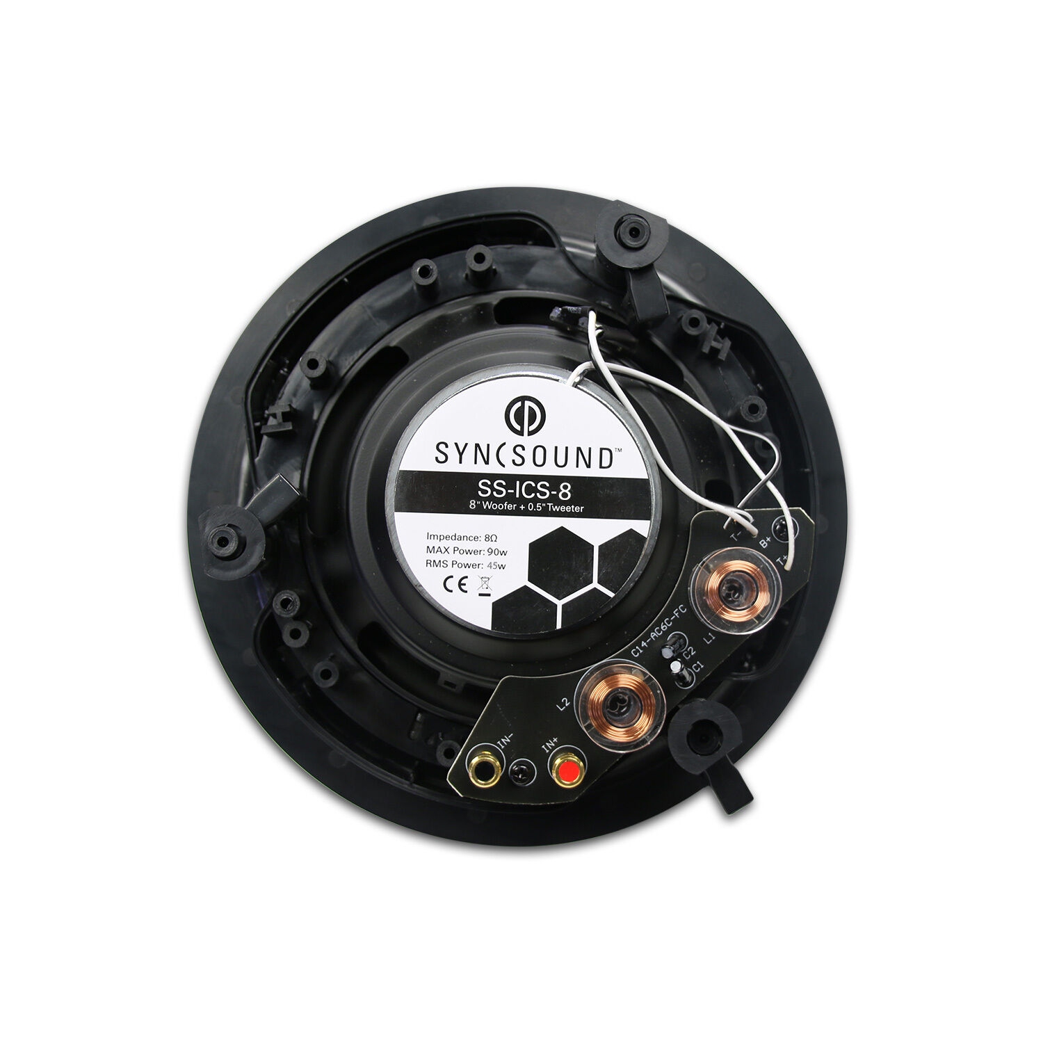 Haut-parleurs de plafond à 2 voies SyncSound SS-ICS-8 8 po, 90 W, 8 ohms, vendus en paire, blanc sans cadre