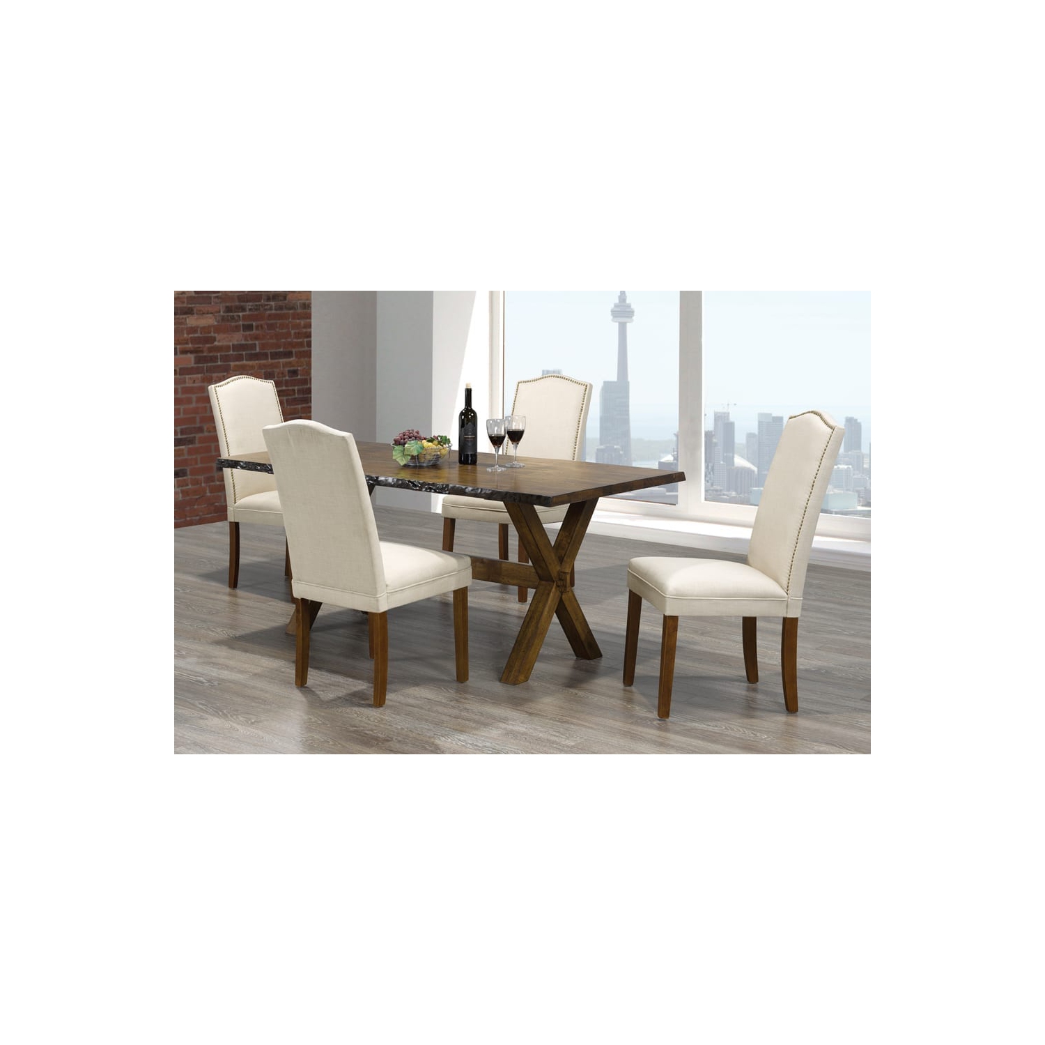 Walnut Finish Wood with Beige Linen-Style Fabric Contemporary Parson Dining Chairs Nailhead Trim 2/box