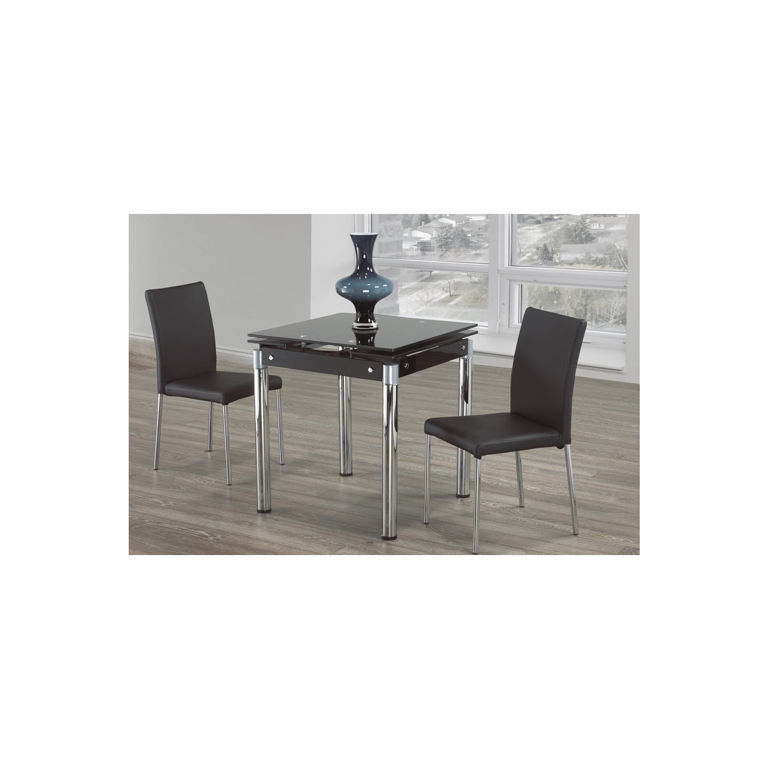 Table de salle à manger extensible moderne en verre clair avec pattes de pilier en métal au fini chromé Sièges 2-4