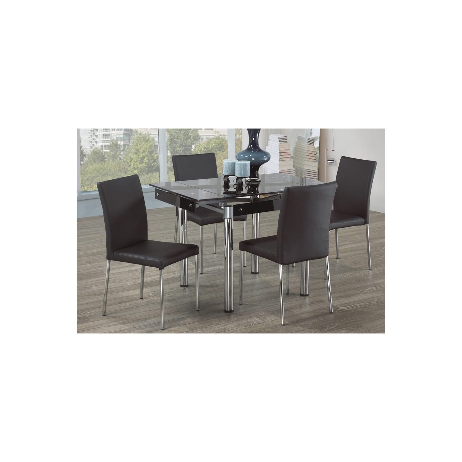 Table de salle à manger extensible moderne en verre clair avec pattes de pilier en métal au fini chromé Sièges 2-4